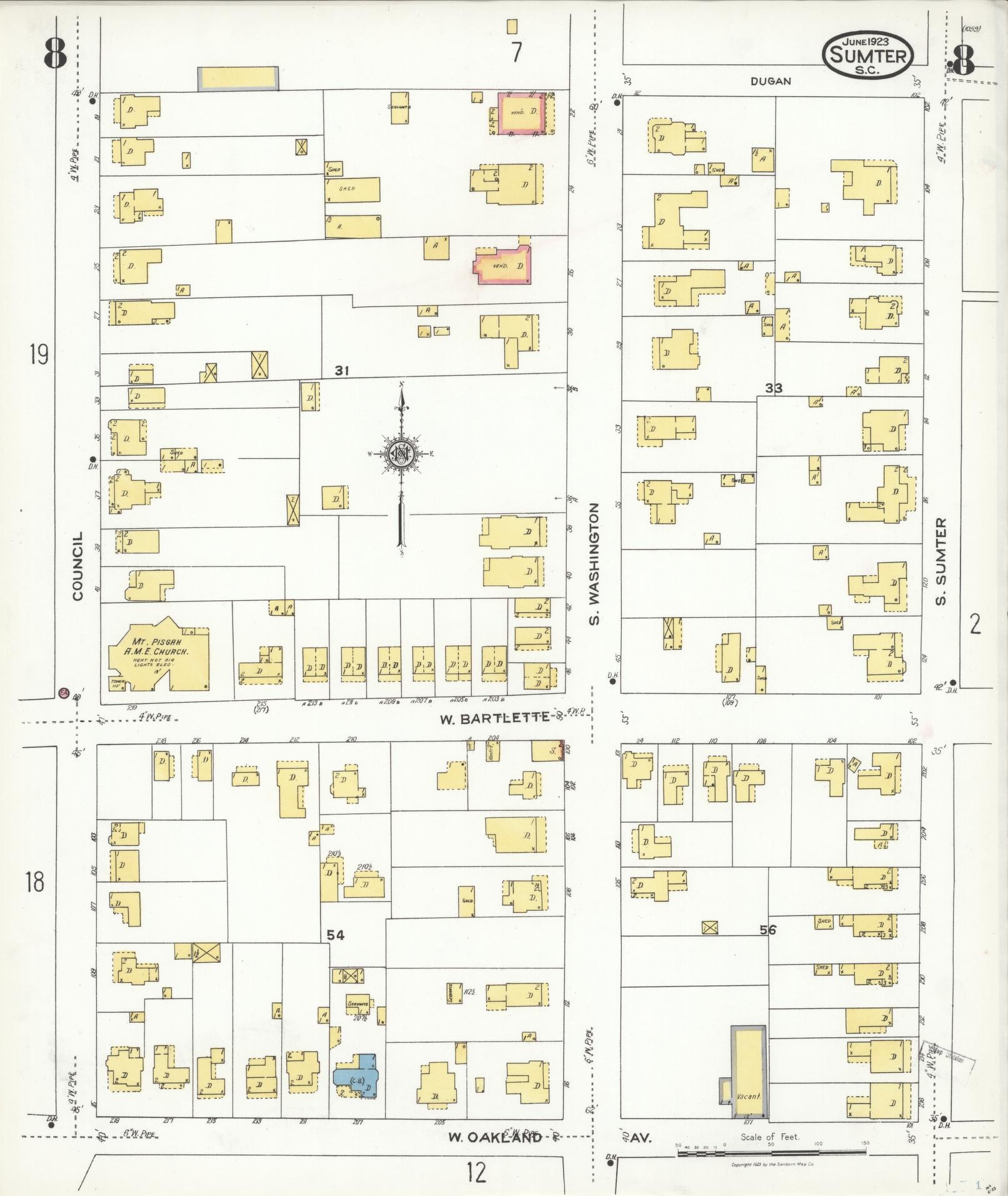 Sanborn Fire Insurance Map from Sumter, Sumter County, South Carolina (1923), Sheet #0008 - Historic Sanborn Fire Insurance Map Print, vintage old map wall art, antique decor, genealogy gift, South Carolina South Carolina map