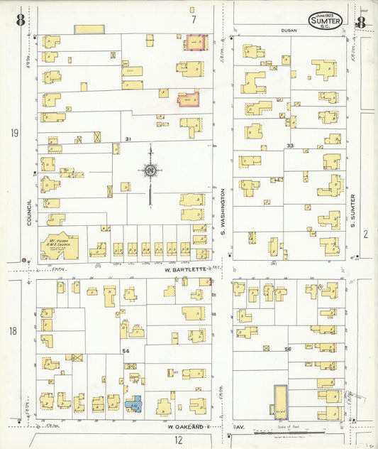 Sanborn Fire Insurance Map from Sumter, Sumter County, South Carolina (1923), Sheet #0008 - Historic Sanborn Fire Insurance Map Print, vintage old map wall art, antique decor, genealogy gift, South Carolina South Carolina map