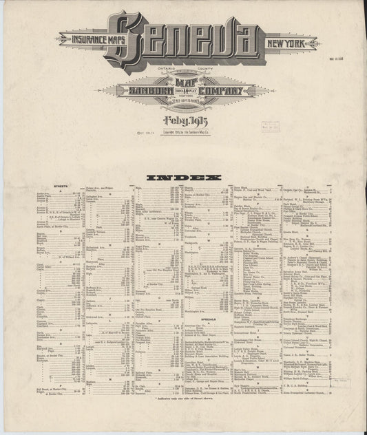 Sanborn Fire Insurance Map from Geneva, Ontario County, New York (1915), Sheet #0001 - Historic Sanborn Fire Insurance Map Print, vintage old map wall art, antique decor, genealogy gift, New York New York map