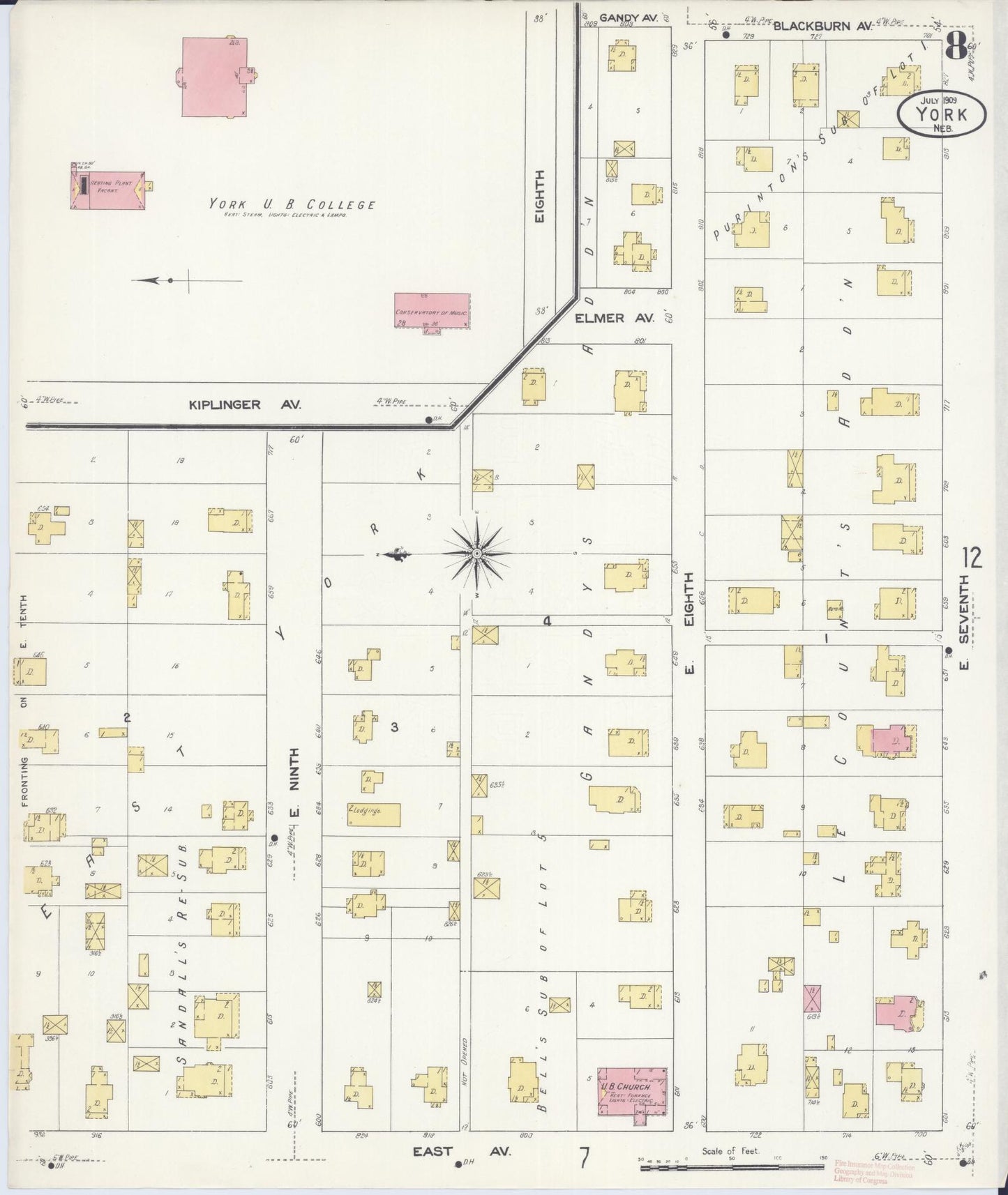 Sanborn Fire Insurance Map from York, York County, Nebraska (1909), Sheet #0008 - Historic Sanborn Fire Insurance Map Print, vintage old map wall art, antique decor, genealogy gift, Nebraska Nebraska map