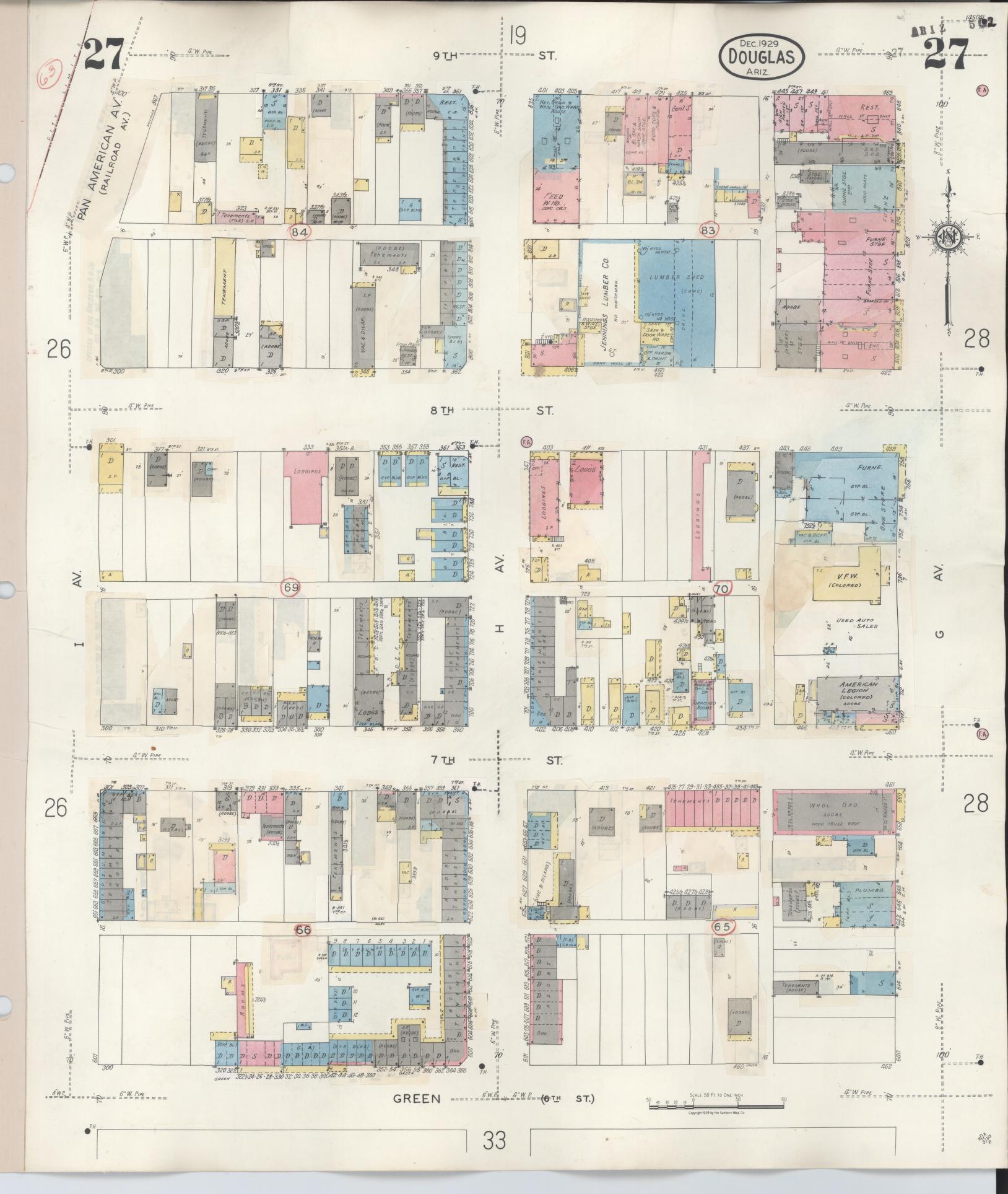 Sanborn Fire Insurance Map from Douglas, Cochise County, Arizona (1947), Sheet #0027 - Complete Map Set gallery image, historic Sanborn map, vintage wall art, Arizona Arizona