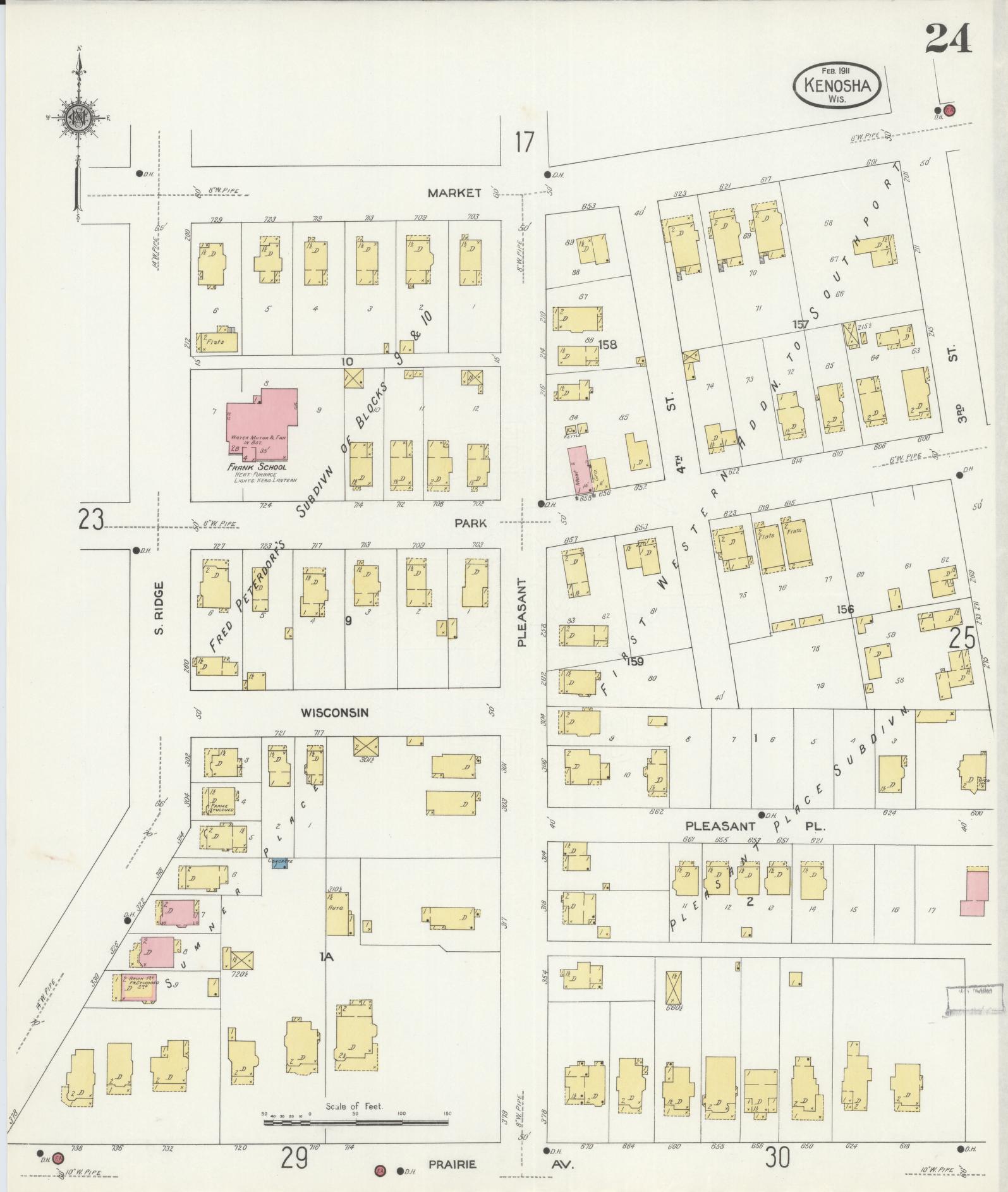 Sanborn Fire Insurance Map from Kenosha, Kenosha County, Wisconsin (1911), Sheet #0024 - Historic Sanborn Fire Insurance Map Print, vintage old map wall art, antique decor, genealogy gift, Wisconsin Wisconsin map