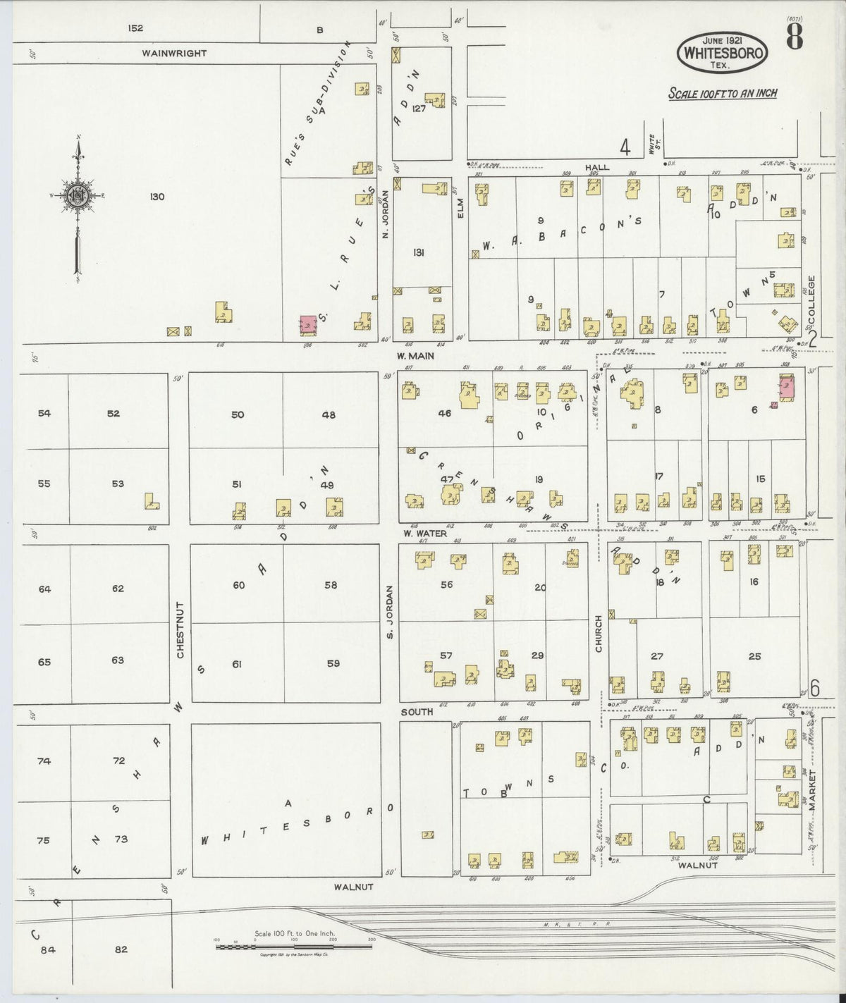 Sanborn Fire Insurance Map from Whitesboro, Grayson County, Texas (1921), Sheet #0008 - Complete Map Set gallery image, historic Sanborn map, vintage wall art, Texas Texas