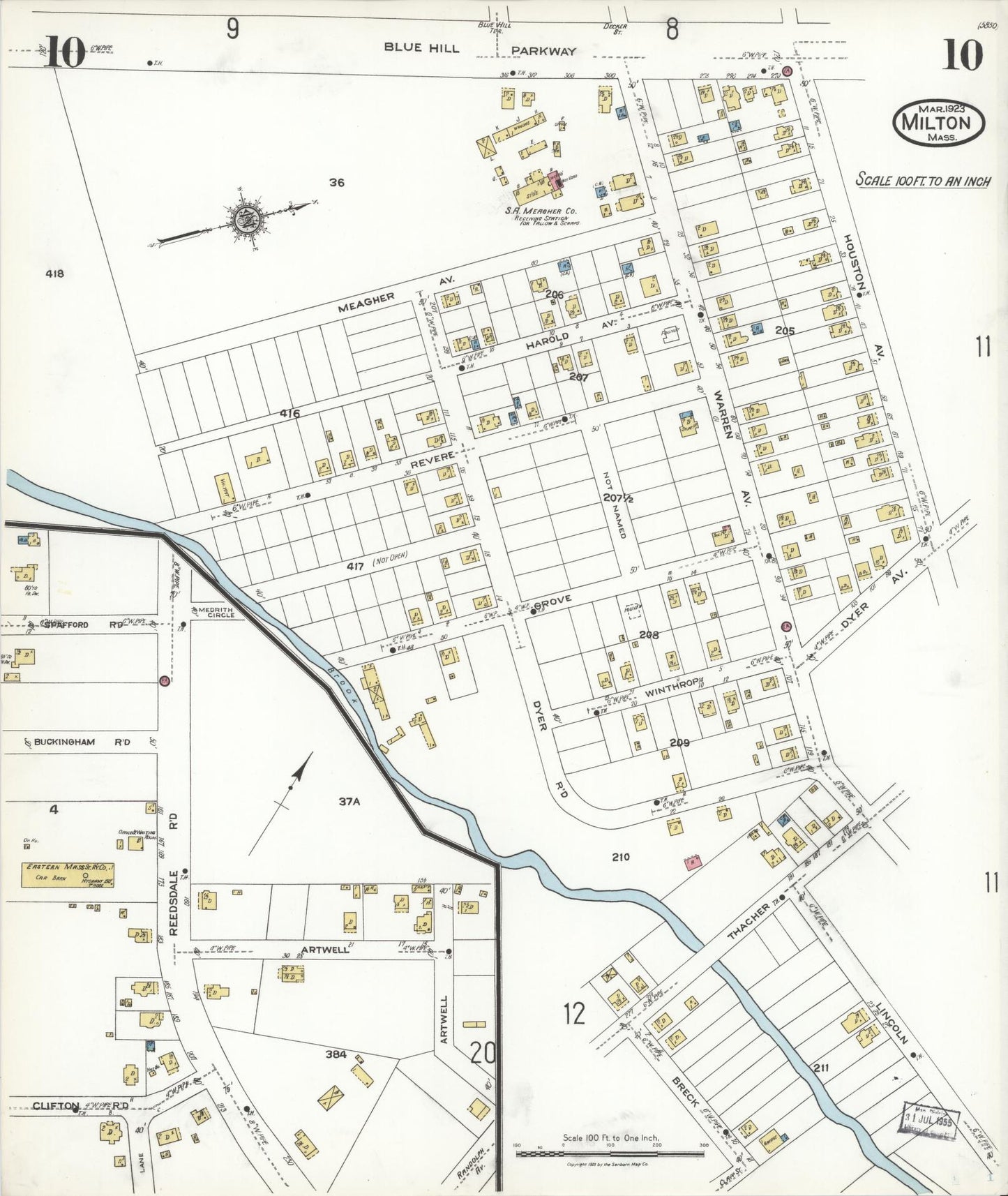 Sanborn Fire Insurance Map from Milton, Norfolk County, Massachusetts (1923), Sheet #0010 - Historic Sanborn Fire Insurance Map Print, vintage old map wall art, antique decor, genealogy gift, Massachusetts Massachusetts map