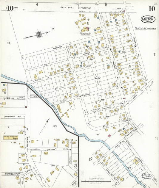 Sanborn Fire Insurance Map from Milton, Norfolk County, Massachusetts (1923), Sheet #0010 - Historic Sanborn Fire Insurance Map Print, vintage old map wall art, antique decor, genealogy gift, Massachusetts Massachusetts map