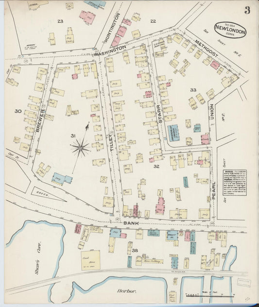 Sanborn Fire Insurance Map from New London, New London County, Connecticut (1884), Sheet #0003 - Historic Sanborn Fire Insurance Map Print, vintage old map wall art, antique decor, genealogy gift, Connecticut Connecticut map