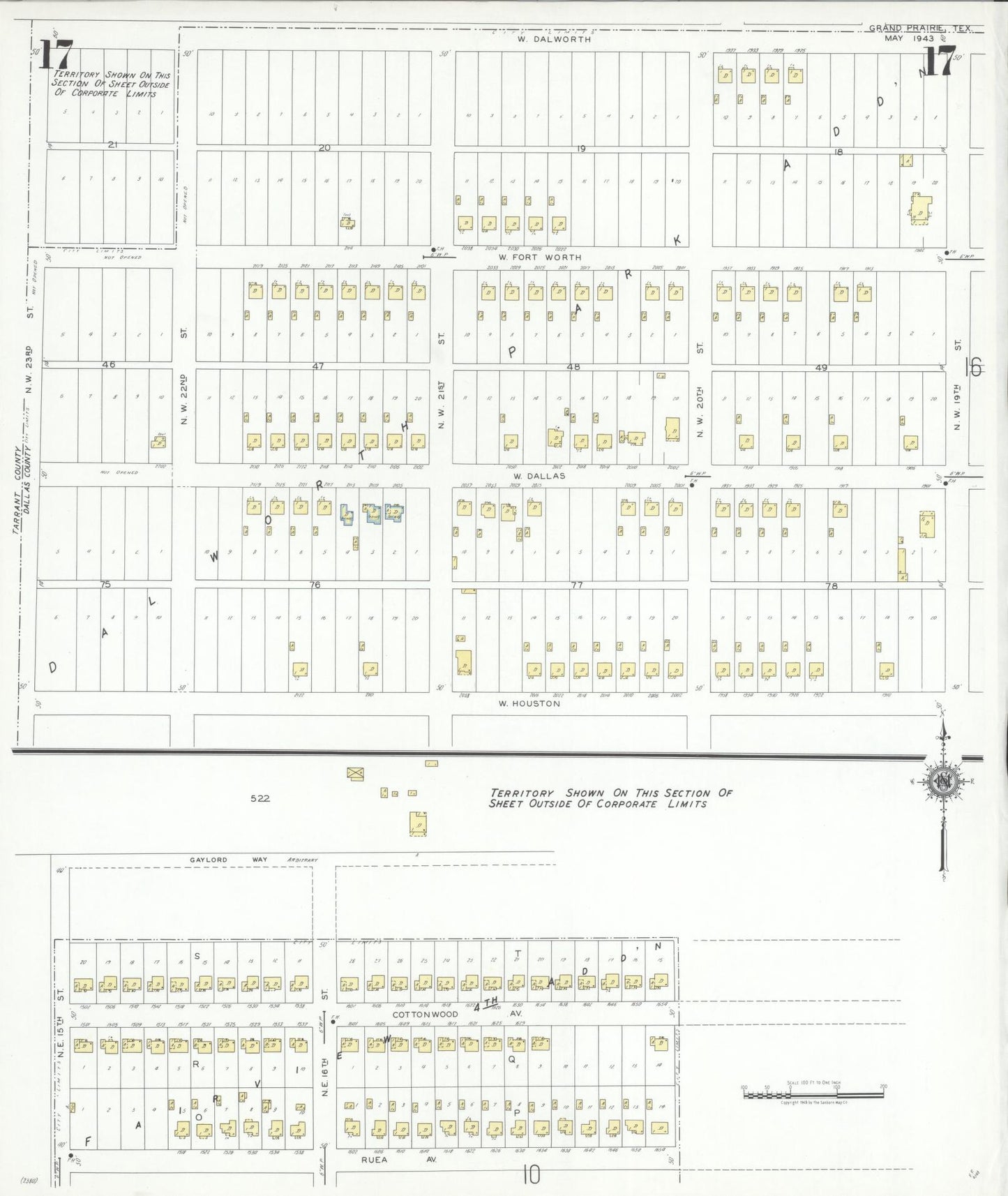 Sanborn Fire Insurance Map from Grand Prairie, Dallas County, Texas (1943), Sheet #0017 - Historic Sanborn Fire Insurance Map Print, vintage old map wall art, antique decor, genealogy gift, Texas Texas map