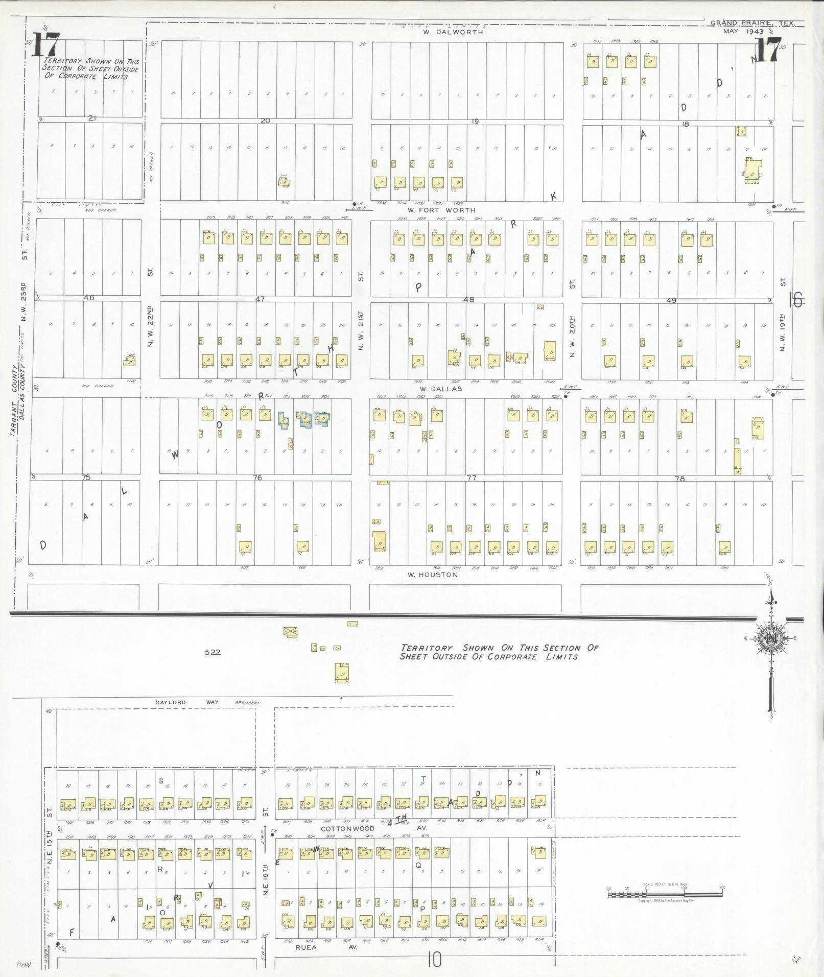 Sanborn Fire Insurance Map from Grand Prairie, Dallas County, Texas (1943), Sheet #0017 - Historic Sanborn Fire Insurance Map Print, vintage old map wall art, antique decor, genealogy gift, Texas Texas map