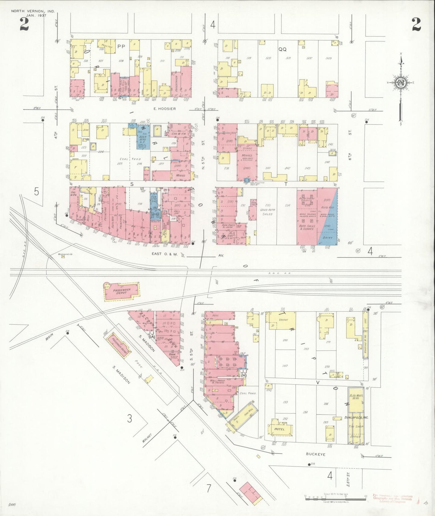 Sanborn Fire Insurance Map from North Vernon, Jennings County, Indiana (1937), Sheet #0002 - Historic Sanborn Fire Insurance Map Print, vintage old map wall art, antique decor, genealogy gift, Indiana Indiana map