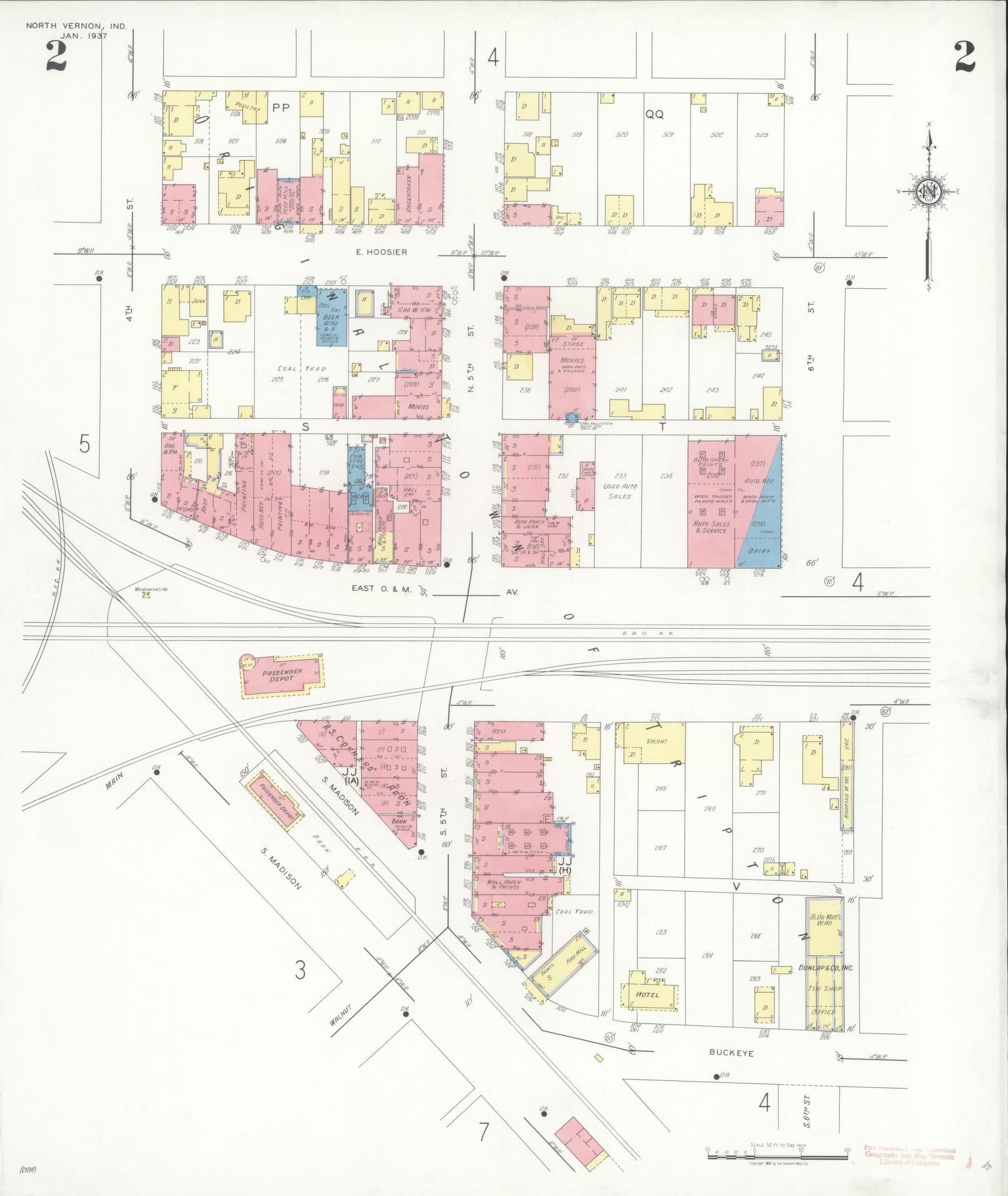 Sanborn Fire Insurance Map from North Vernon, Jennings County, Indiana (1937), Sheet #0002 - Historic Sanborn Fire Insurance Map Print, vintage old map wall art, antique decor, genealogy gift, Indiana Indiana map