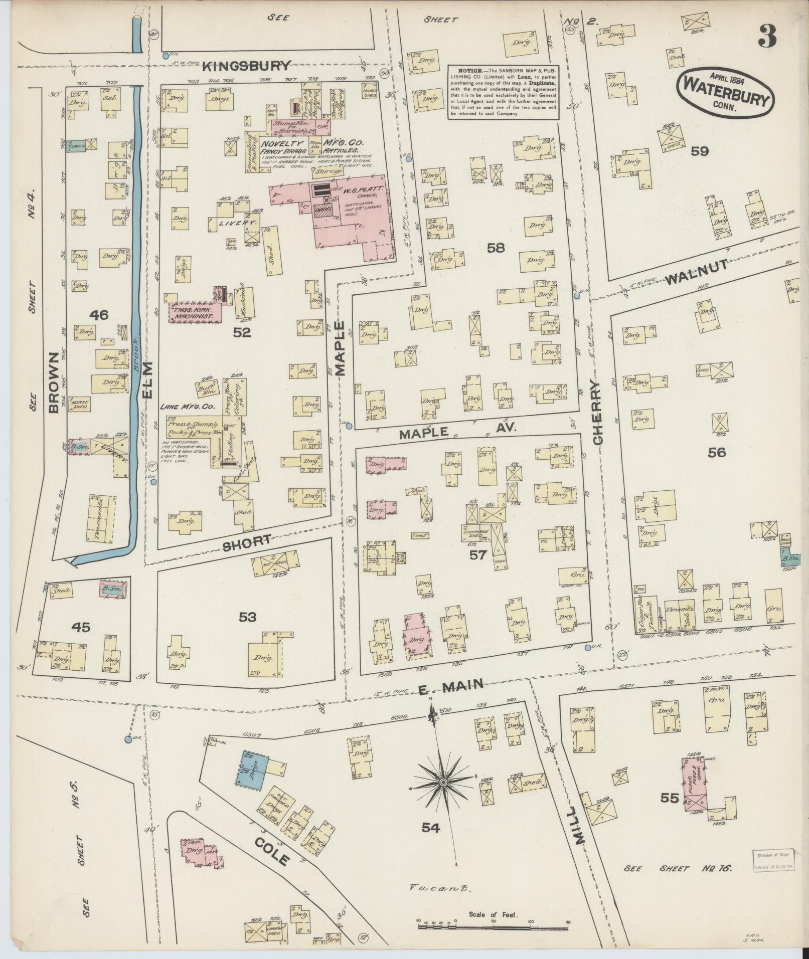 Sanborn Fire Insurance Map from Waterbury, New Haven County, Connecticut (1884), Sheet #0003 - Complete Map Set gallery image, historic Sanborn map, vintage wall art, Connecticut Connecticut