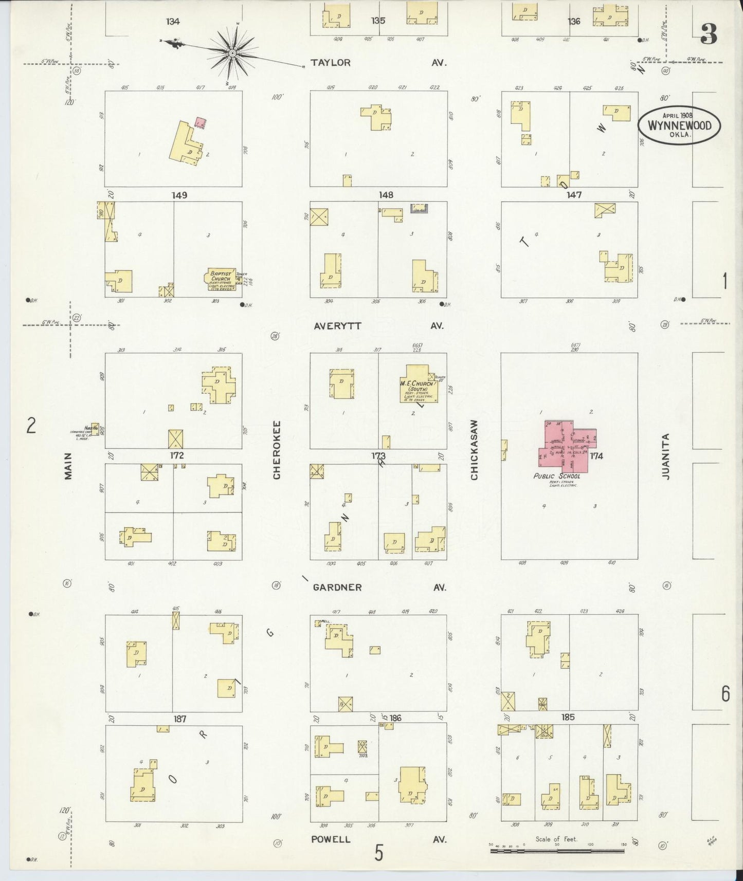 Sanborn Fire Insurance Map from Wynnewood, Garvin County, Oklahoma (1908), Sheet #0003 - Complete Map Set gallery image, historic Sanborn map, vintage wall art, Oklahoma Oklahoma