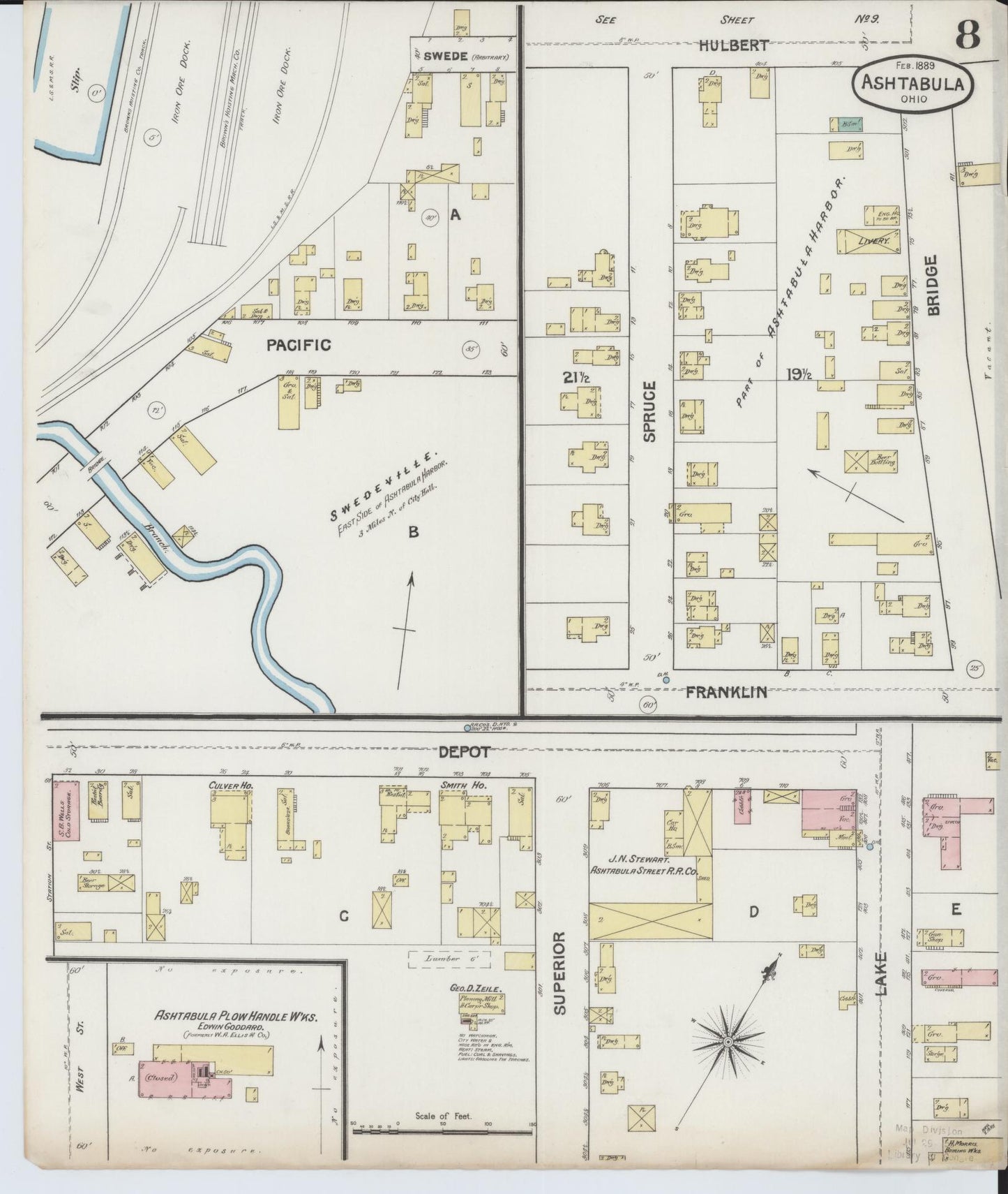 Sanborn Fire Insurance Map from Ashtabula, Ashtabula County, Ohio (1889), Sheet #0008 - Historic Sanborn Fire Insurance Map Print, vintage old map wall art, antique decor, genealogy gift, Ohio Ohio map