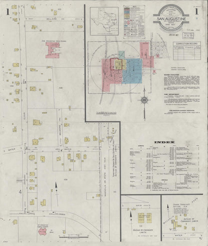 Sanborn Fire Insurance Map from San Augustine, San Augustine County, Texas (1937), Sheet #0001 - Historic Sanborn Fire Insurance Map Print, vintage old map wall art, antique decor, genealogy gift, Texas Texas map