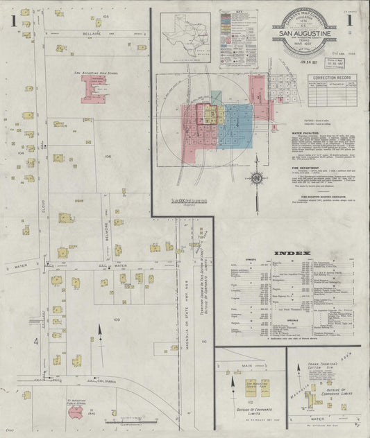 Sanborn Fire Insurance Map from San Augustine, San Augustine County, Texas (1937), Sheet #0001 - Historic Sanborn Fire Insurance Map Print, vintage old map wall art, antique decor, genealogy gift, Texas Texas map