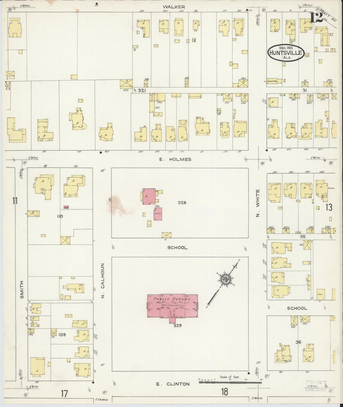 Sanborn Fire Insurance Map from Huntsville, Madison County, Alabama (1913), Sheet #0012 - Complete Map Set gallery image, historic Sanborn map, vintage wall art, Alabama Alabama