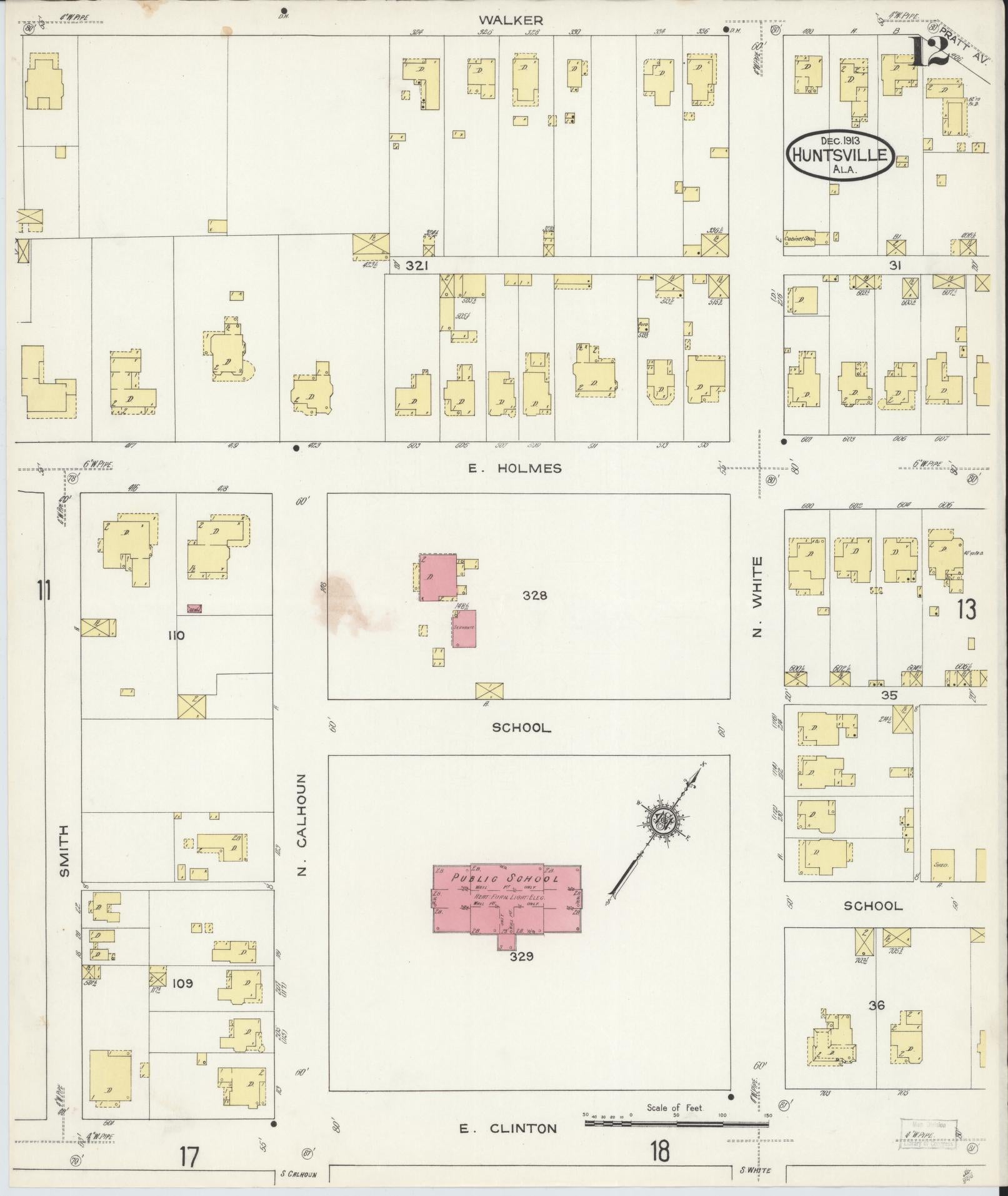 Sanborn Fire Insurance Map from Huntsville, Madison County, Alabama (1913), Sheet #0012 - Complete Map Set gallery image, historic Sanborn map, vintage wall art, Alabama Alabama