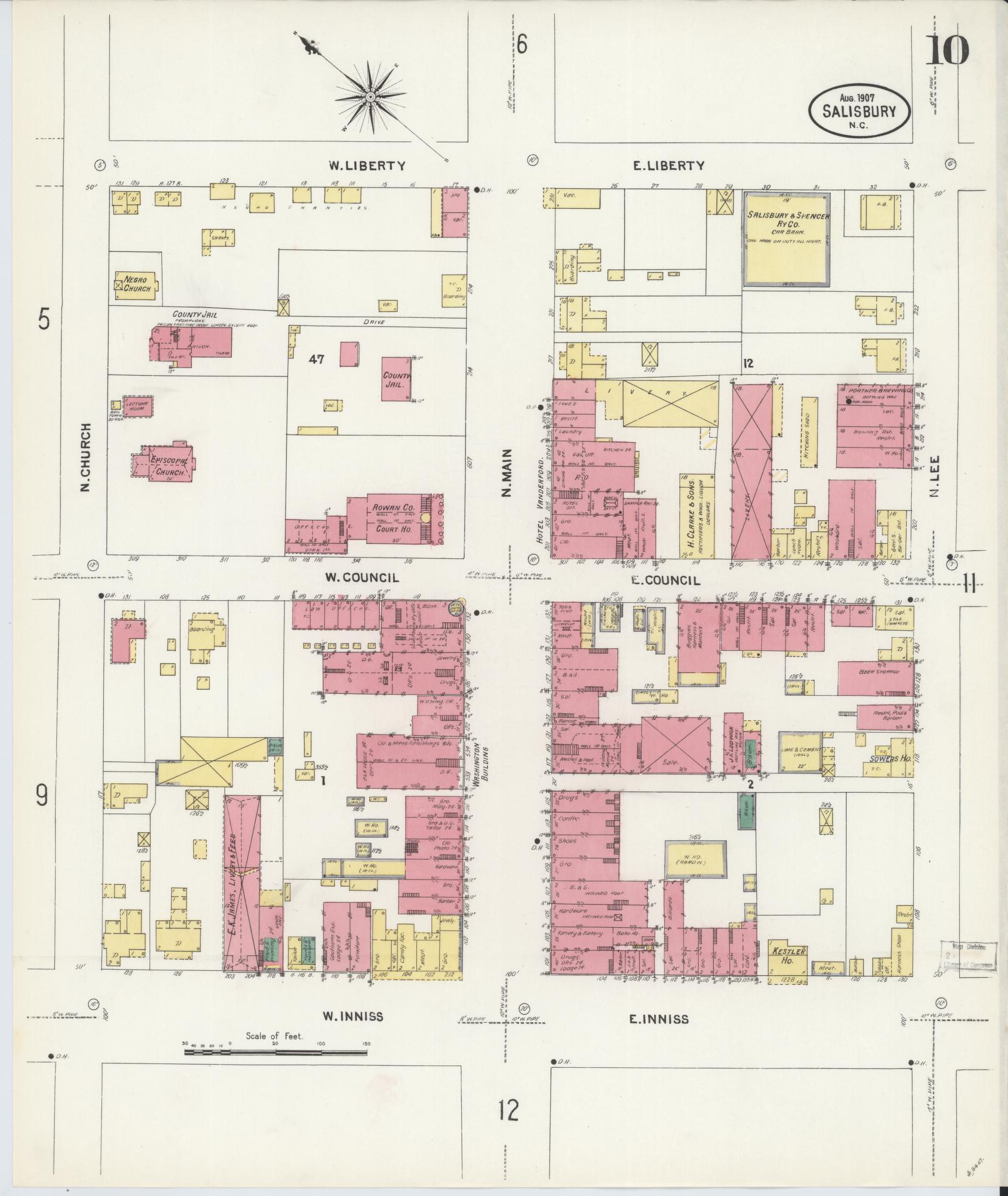 Sanborn Fire Insurance Map from Salisbury, Rowan County, North Carolina (1907), Sheet #0010 - Historic Sanborn Fire Insurance Map Print, vintage old map wall art, antique decor, genealogy gift, North Carolina North Carolina map
