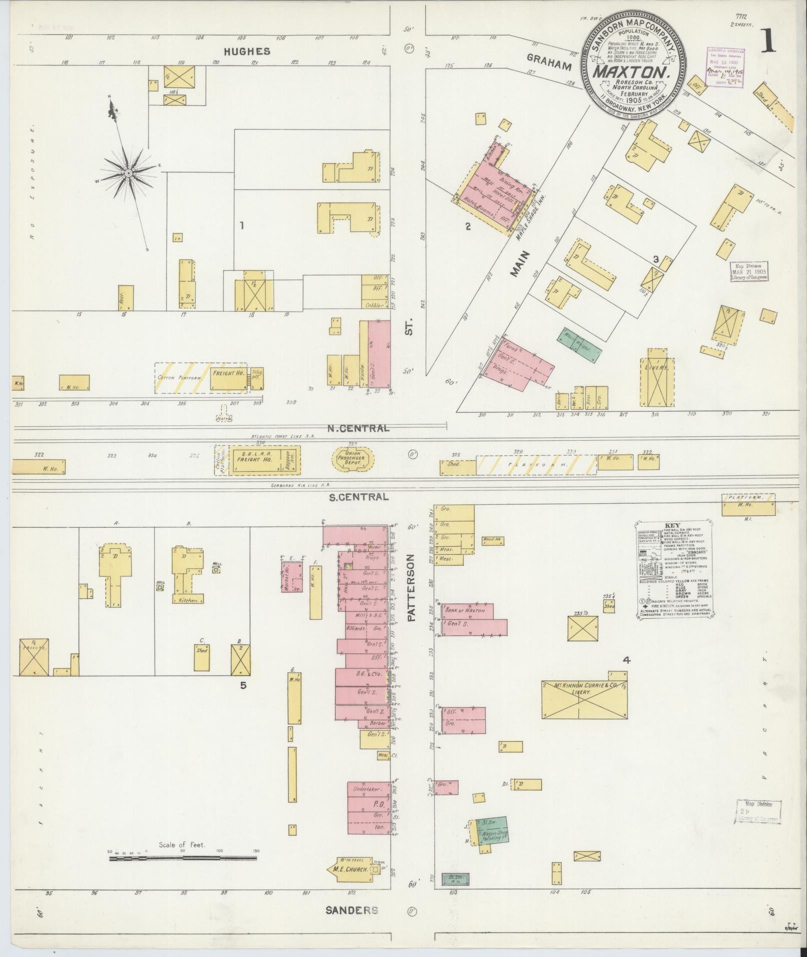 Sanborn Fire Insurance Map from Maxton, Robeson County, North Carolina (1905), Sheet #0001 - Complete Map Set gallery image, historic Sanborn map, vintage wall art, North Carolina North Carolina