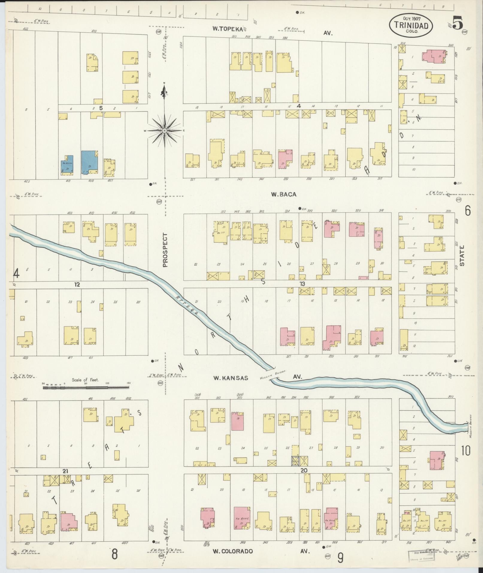 Sanborn Fire Insurance Map from Trinidad, Las Animas County, Colorado (1907), Sheet #0005 - Historic Sanborn Fire Insurance Map Print, vintage old map wall art, antique decor, genealogy gift, Colorado Colorado map