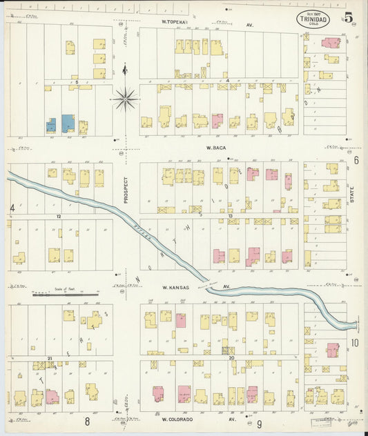 Sanborn Fire Insurance Map from Trinidad, Las Animas County, Colorado (1907), Sheet #0005 - Historic Sanborn Fire Insurance Map Print, vintage old map wall art, antique decor, genealogy gift, Colorado Colorado map