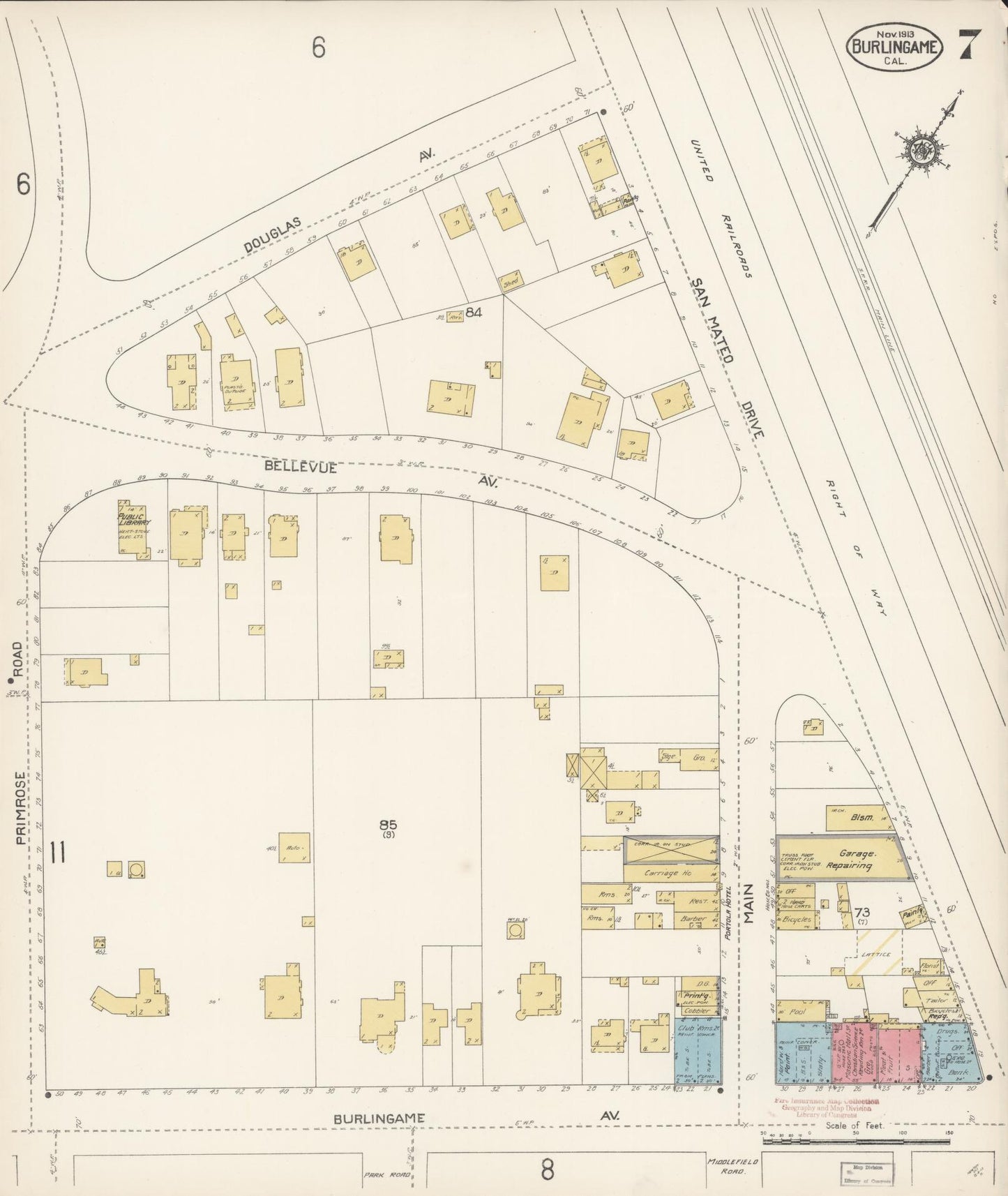 Sanborn Fire Insurance Map from Burlingame, San Mateo County, California (1913), Sheet #0007 - Complete Map Set gallery image, historic Sanborn map, vintage wall art, California California