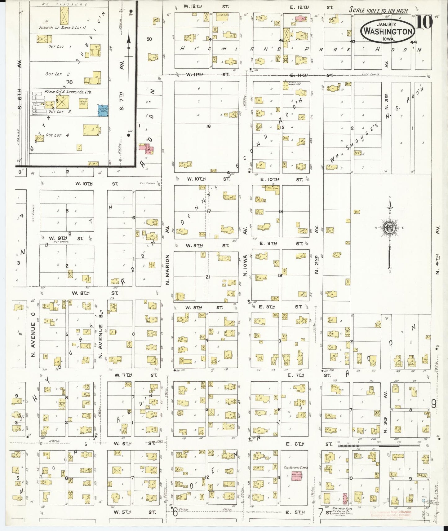 Sanborn Fire Insurance Map from Washington, Washington County, Iowa (1917), Sheet #0010 - Historic Sanborn Fire Insurance Map Print, vintage old map wall art
