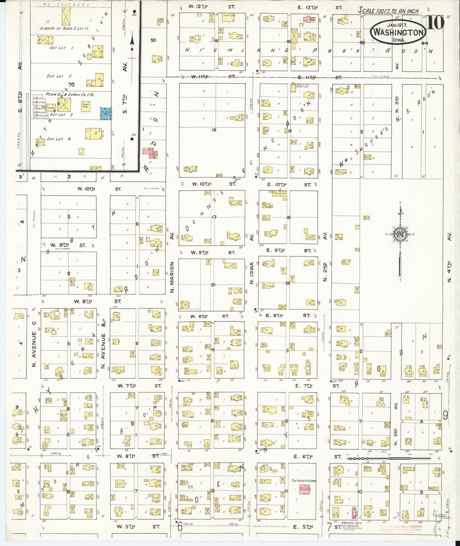 Sanborn Fire Insurance Map from Washington, Washington County, Iowa (1917), Sheet #0010 - Historic Sanborn Fire Insurance Map Print, vintage old map wall art