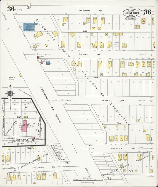 Sanborn Fire Insurance Map from Royal Oak, Oakland County, Michigan (1926), Sheet #0036 - Historic Sanborn Fire Insurance Map Print, vintage old map wall art, antique decor, genealogy gift, Michigan Michigan map