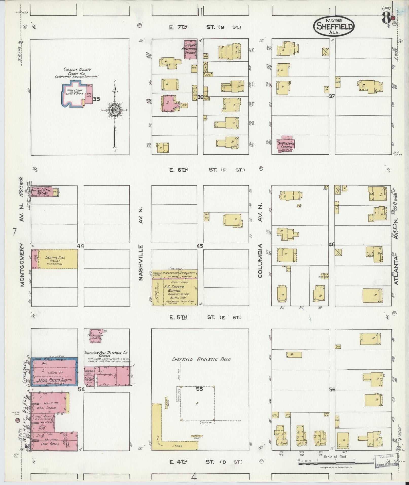 Sanborn Fire Insurance Map from Sheffield, Colbert County, Alabama (1921), Sheet #0008 - Complete Map Set gallery image, historic Sanborn map, vintage wall art, Alabama Alabama