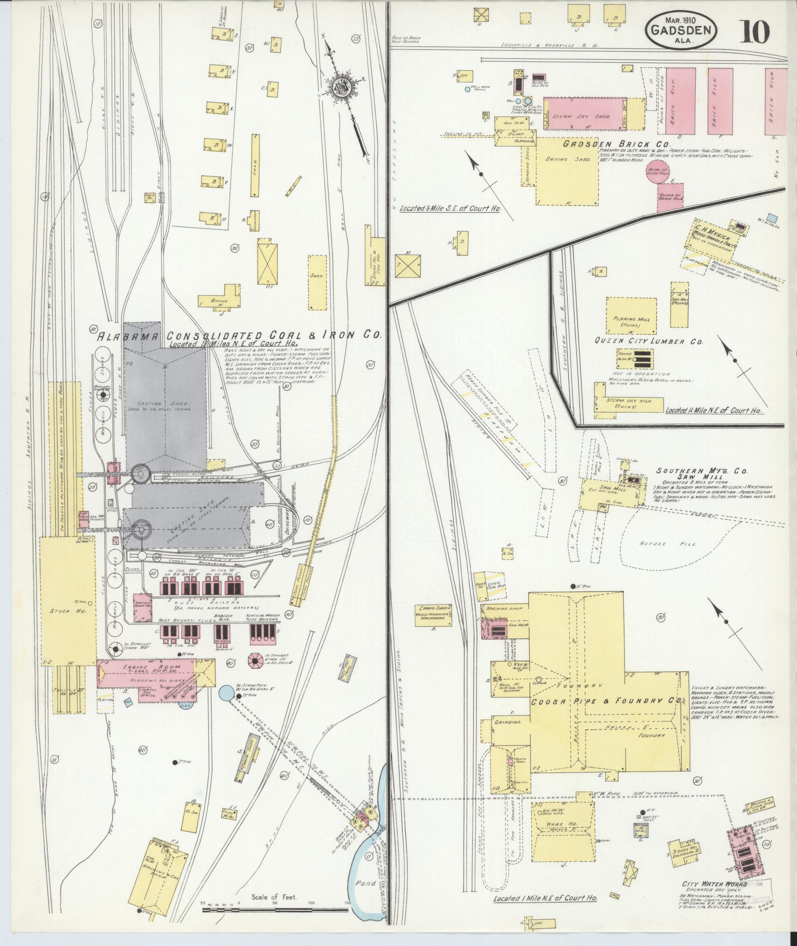 Sanborn Fire Insurance Map from Gadsden, Etowah County, Alabama (1910), Sheet #0010 - Historic Sanborn Fire Insurance Map Print, vintage old map wall art, antique decor, genealogy gift, Alabama Alabama map