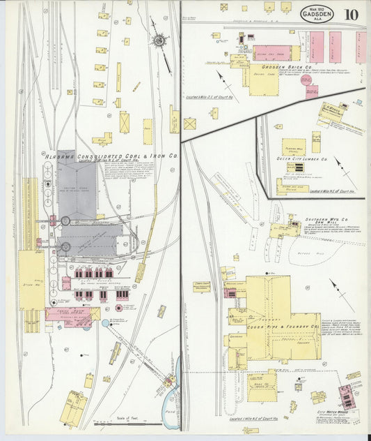 Sanborn Fire Insurance Map from Gadsden, Etowah County, Alabama (1910), Sheet #0010 - Historic Sanborn Fire Insurance Map Print, vintage old map wall art, antique decor, genealogy gift, Alabama Alabama map