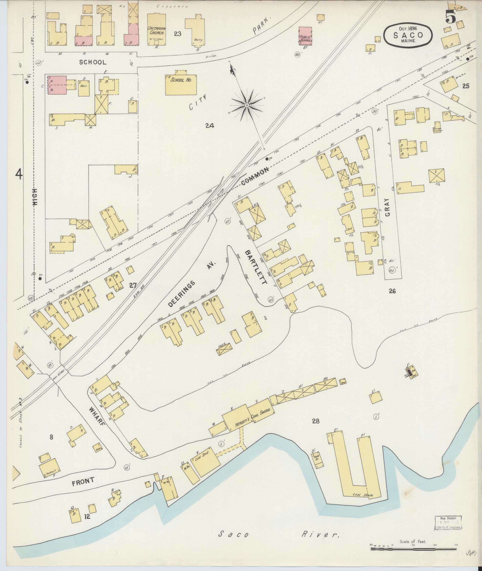 Sanborn Fire Insurance Map from Saco, York County, Maine (1896), Sheet #0005 - Complete Map Set gallery image, historic Sanborn map, vintage wall art, Maine Maine