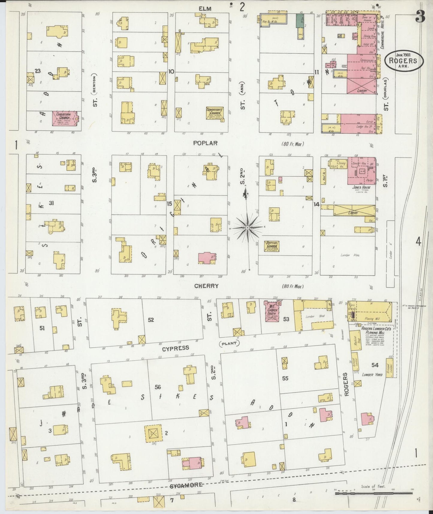 Sanborn Fire Insurance Map from Rogers, Benton County, Arkansas (1901), Sheet #0003 - Historic Sanborn Fire Insurance Map Print, vintage old map wall art, antique decor, genealogy gift, Arkansas Arkansas map