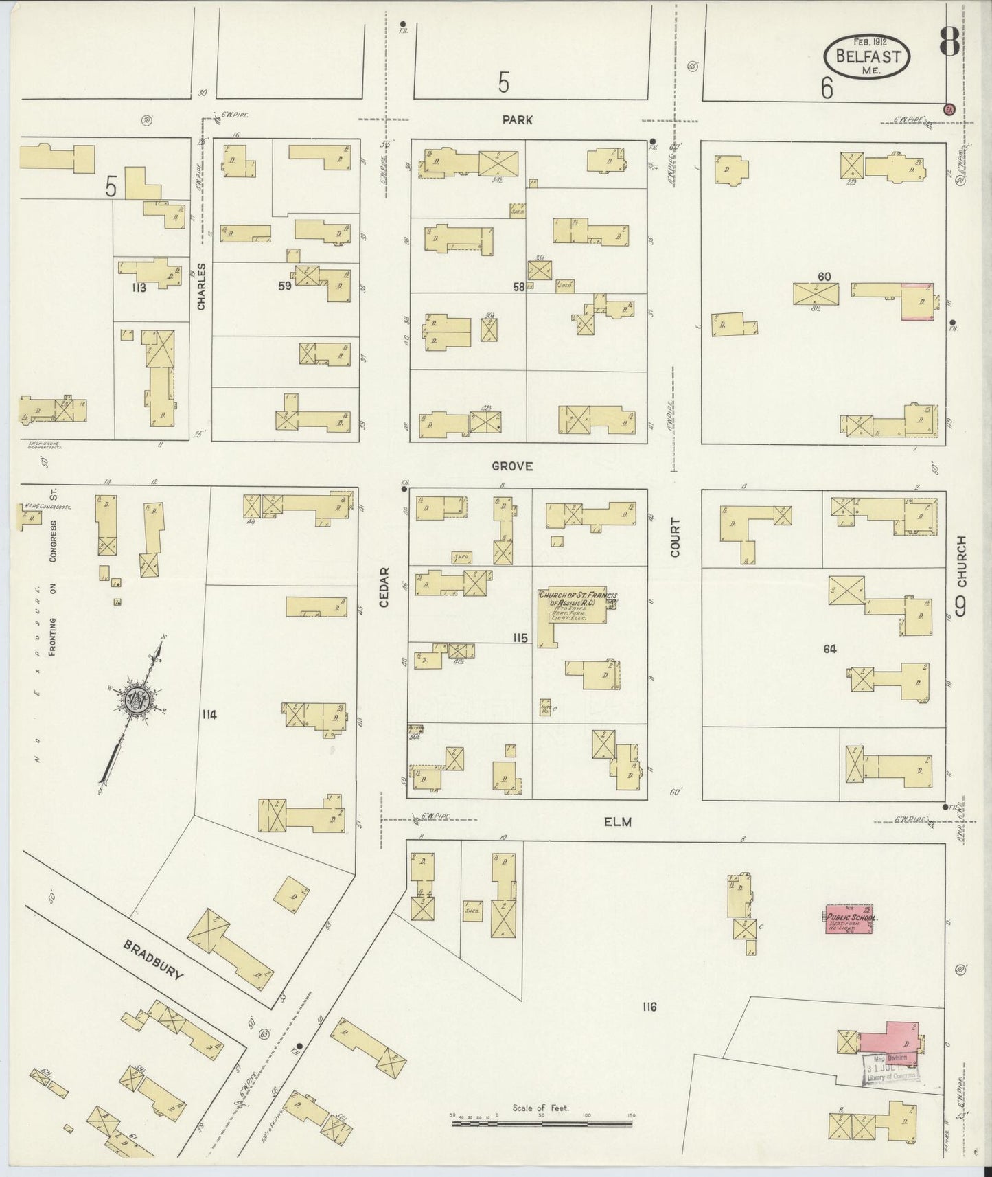 Sanborn Fire Insurance Map from Belfast, Waldo County, Maine (1912), Sheet #0008 - Historic Sanborn Fire Insurance Map Print, vintage old map wall art, antique decor, genealogy gift, Maine Maine map