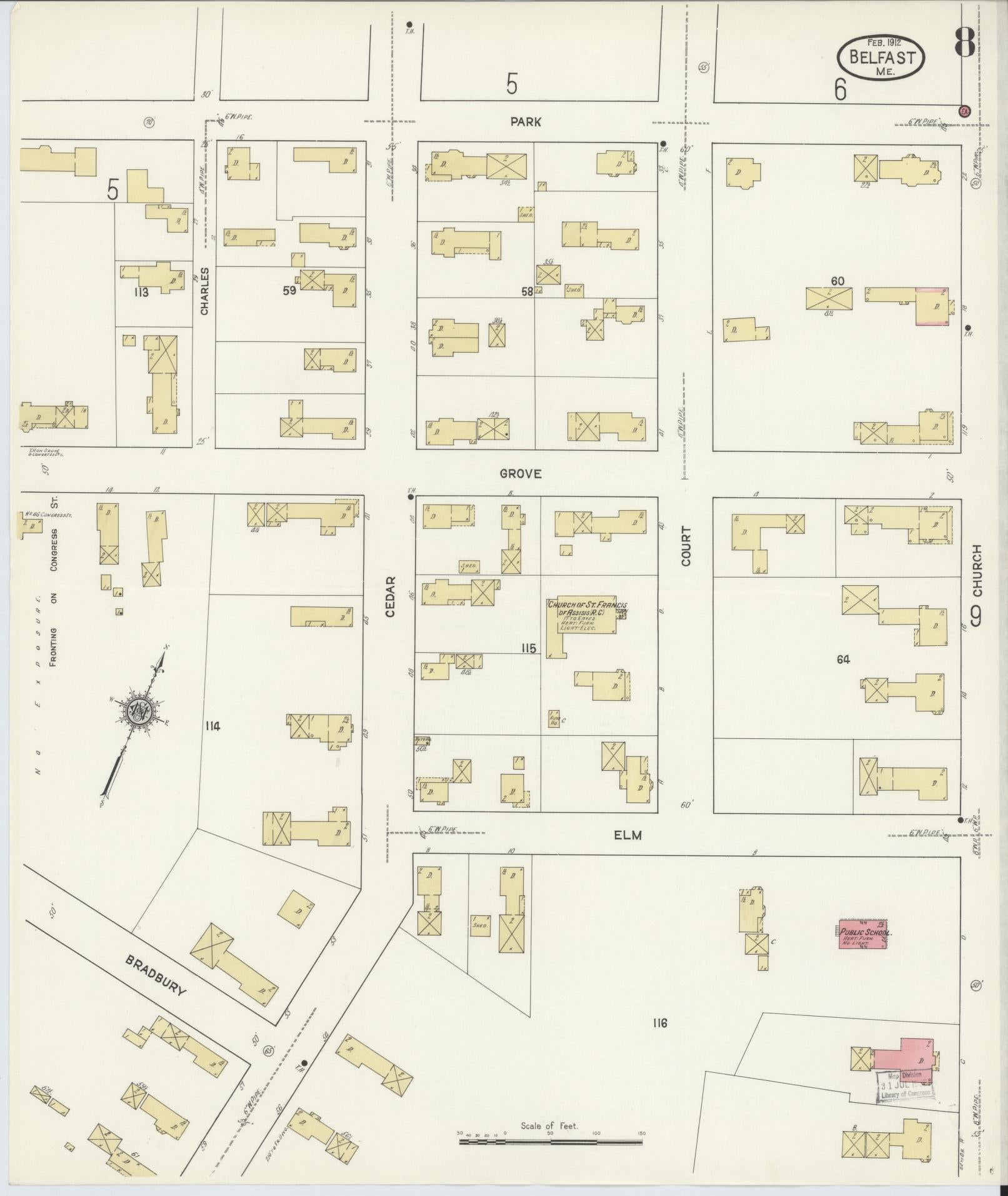 Sanborn Fire Insurance Map from Belfast, Waldo County, Maine (1912), Sheet #0008 - Historic Sanborn Fire Insurance Map Print, vintage old map wall art, antique decor, genealogy gift, Maine Maine map