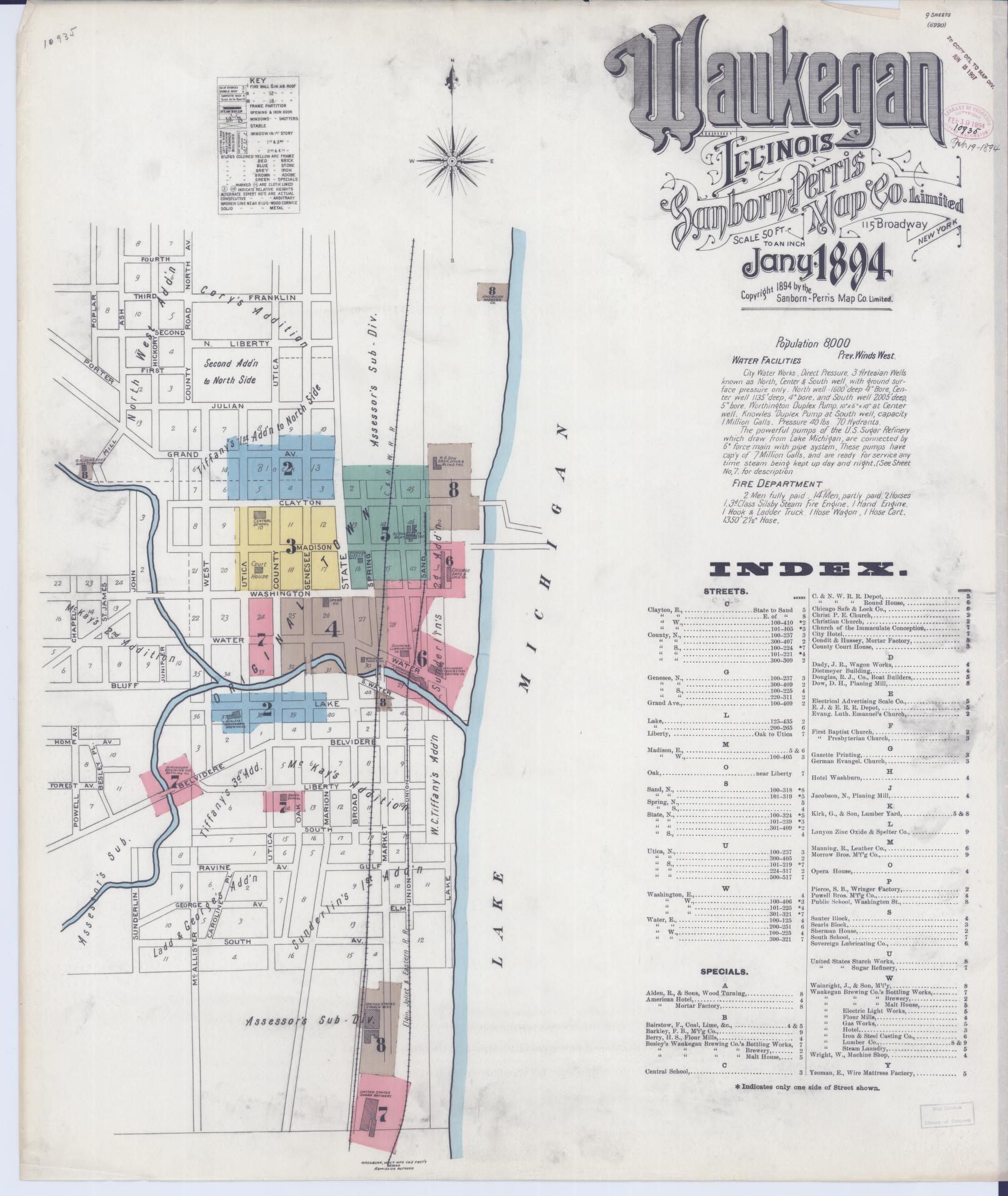 Sanborn Fire Insurance Map from Waukegan, Lake County, Illinois (1894), Sheet #0001 - Complete Map Set gallery image, historic Sanborn map, vintage wall art, Illinois Illinois