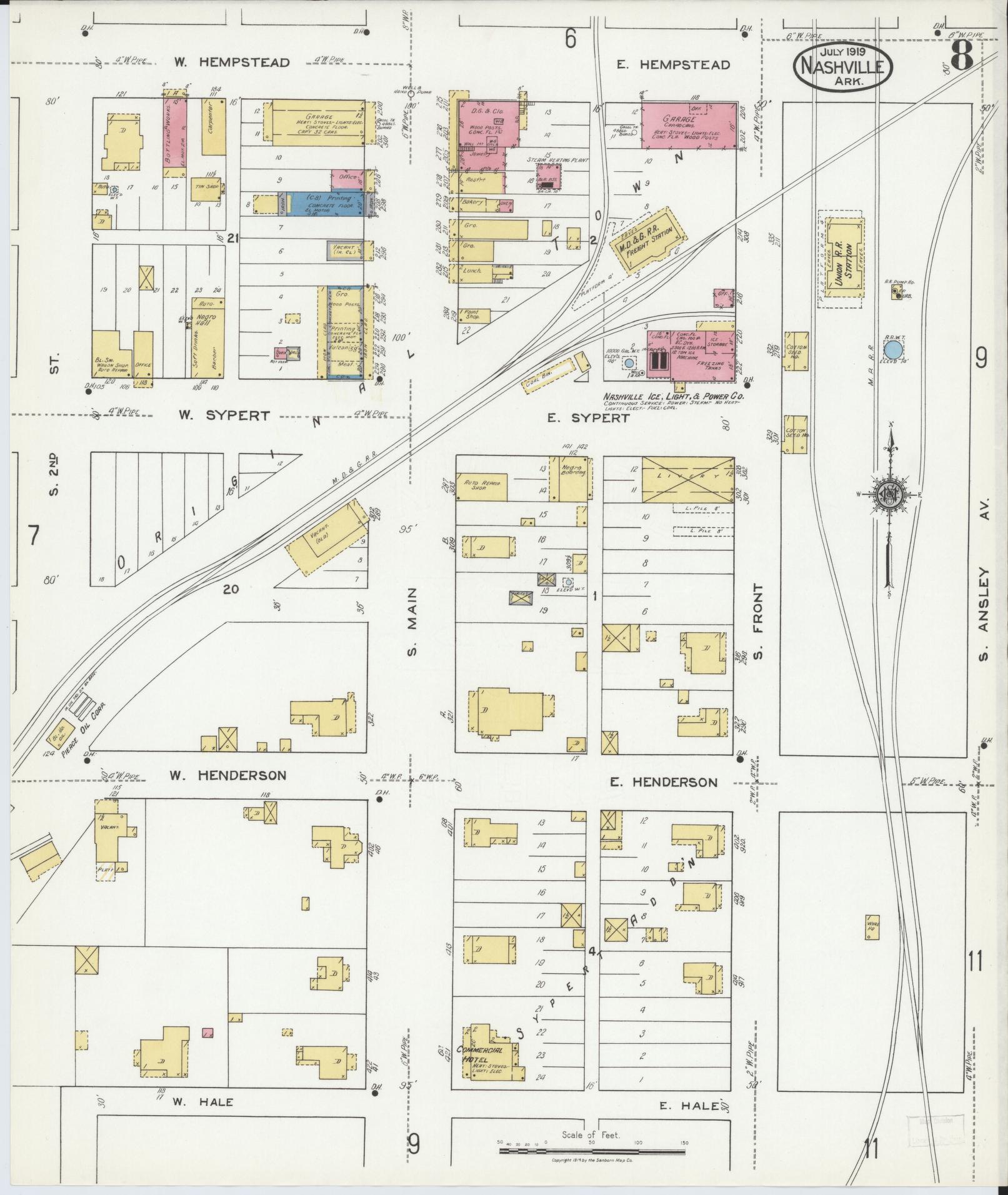 Sanborn Fire Insurance Map from Nashville, Howard County, Arkansas (1919), Sheet #0008 - Historic Sanborn Fire Insurance Map Print, vintage old map wall art, antique decor, genealogy gift, Arkansas Arkansas map