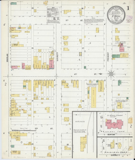 Sanborn Fire Insurance Map from O'Neill, Holt County, Nebraska (1902), Sheet #0001 - Complete Map Set gallery image, historic Sanborn map, vintage wall art, Nebraska Nebraska