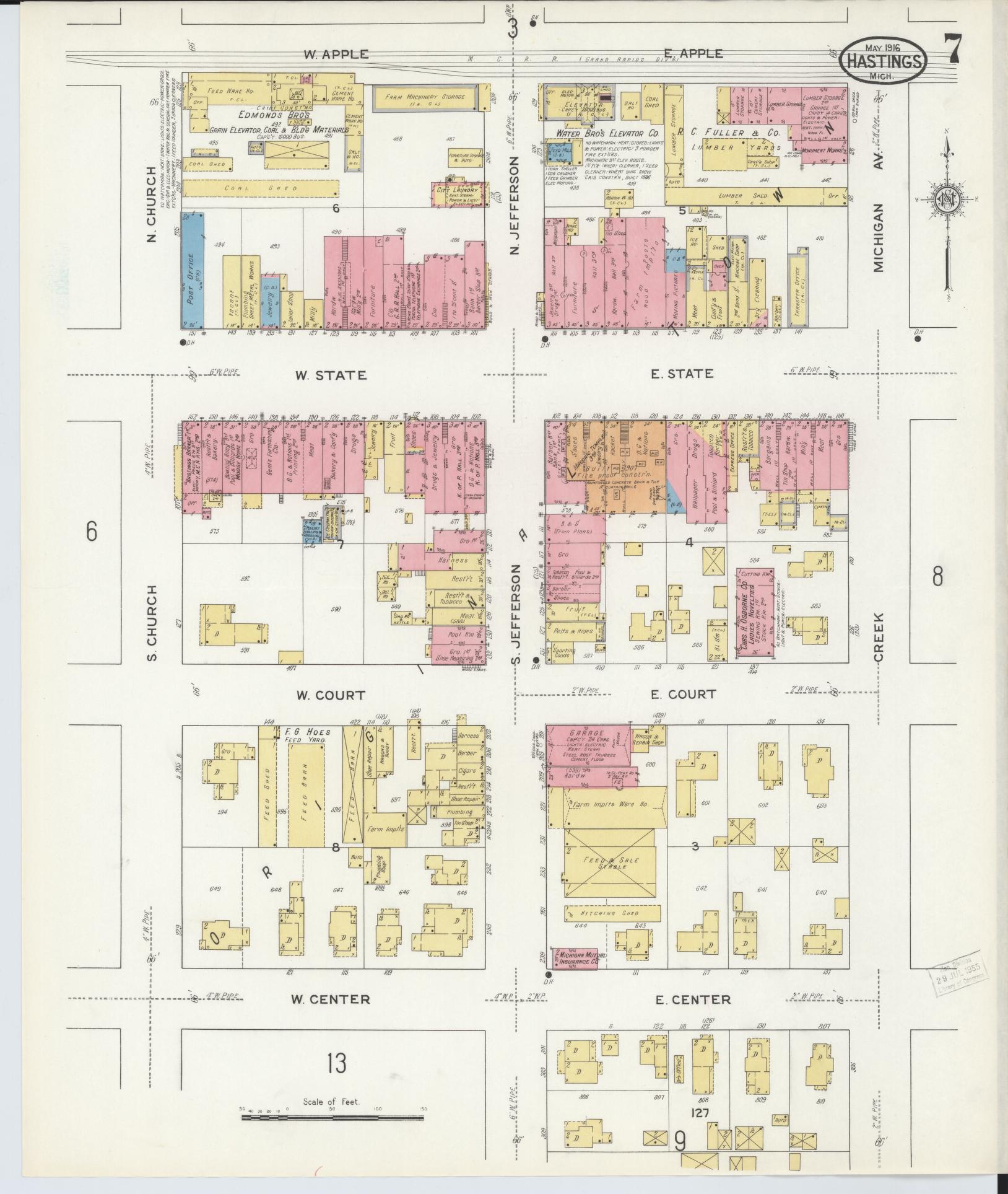 Sanborn Fire Insurance Map from Hastings, Barry County, Michigan (1916), Sheet #0007 - Complete Map Set gallery image, historic Sanborn map, vintage wall art, Michigan Michigan