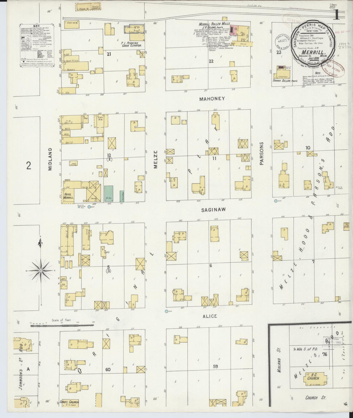 Sanborn Fire Insurance Map from Merrill, Saginaw County, Michigan (1899), Sheet #0001 - Historic Sanborn Fire Insurance Map Print, vintage old map wall art, antique decor, genealogy gift, Michigan Michigan map