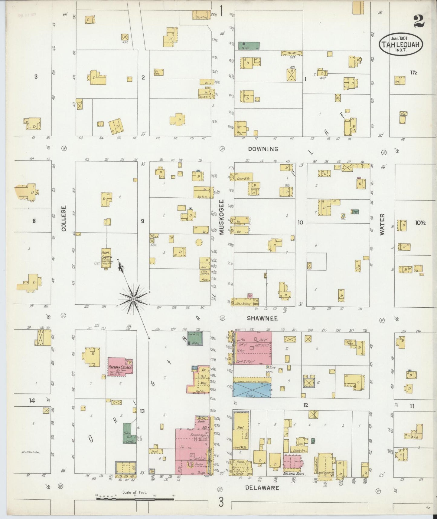 Sanborn Fire Insurance Map from Tahlequah, Cherokee County, Oklahoma (1901), Sheet #0002 - Complete Map Set gallery image, historic Sanborn map, vintage wall art, Oklahoma Oklahoma