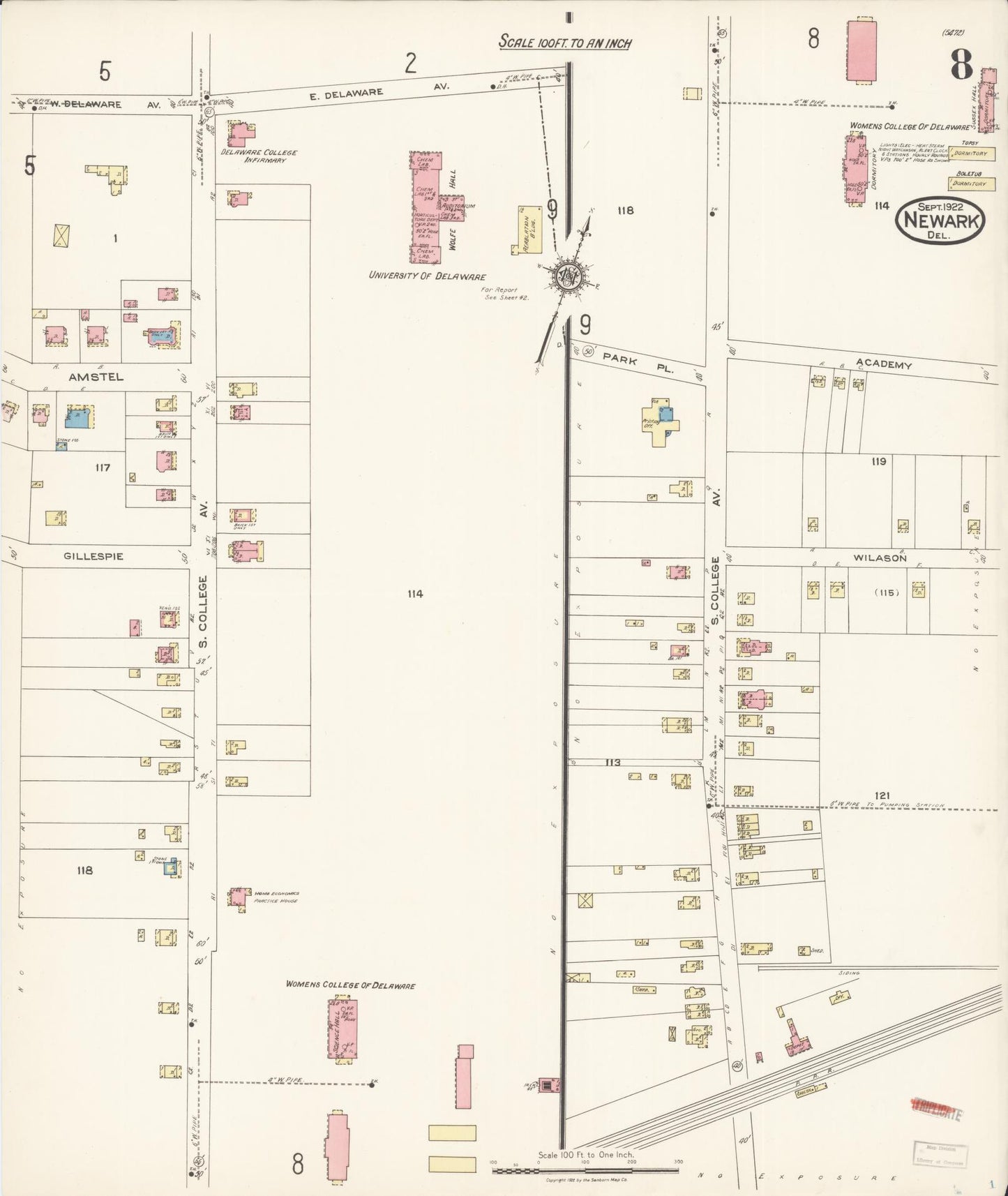 Sanborn Fire Insurance Map from Newark, New Castle County, Delaware (1922), Sheet #0008 - Complete Map Set gallery image, historic Sanborn map, vintage wall art, Delaware Delaware