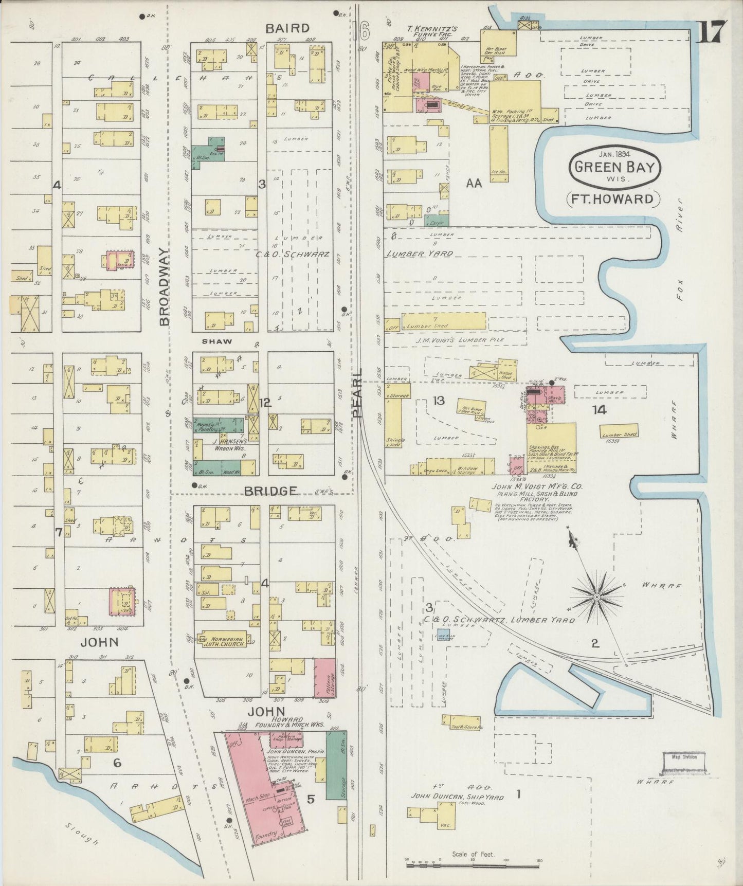 Sanborn Fire Insurance Map from Green Bay, Brown County, Wisconsin (1894), Sheet #0017 - Historic Sanborn Fire Insurance Map Print, vintage old map wall art, antique decor, genealogy gift, Wisconsin Wisconsin map