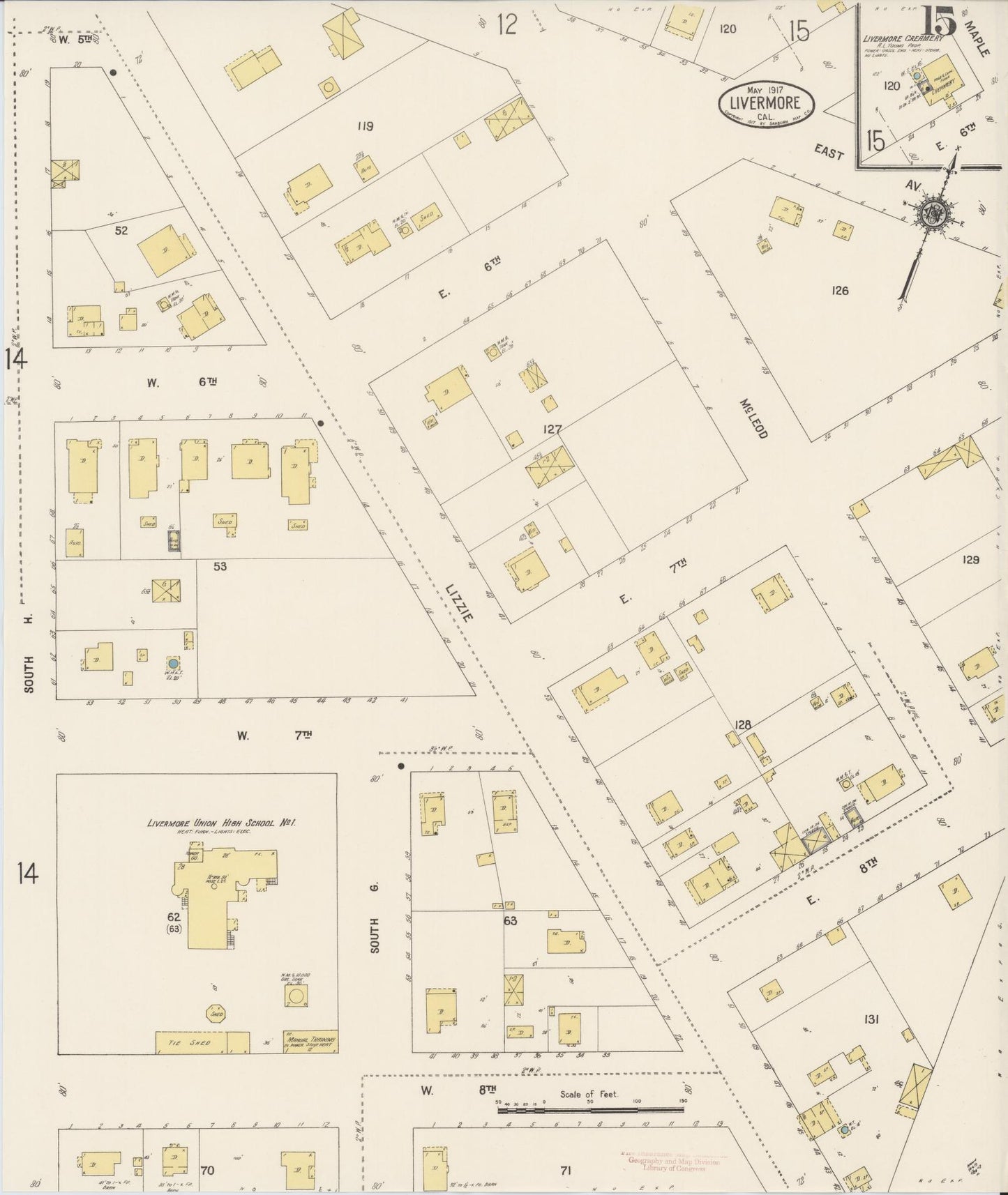 Sanborn Fire Insurance Map from Livermore, Alameda County, California (1917), Sheet #0015 - Complete Map Set gallery image, historic Sanborn map, vintage wall art, California California