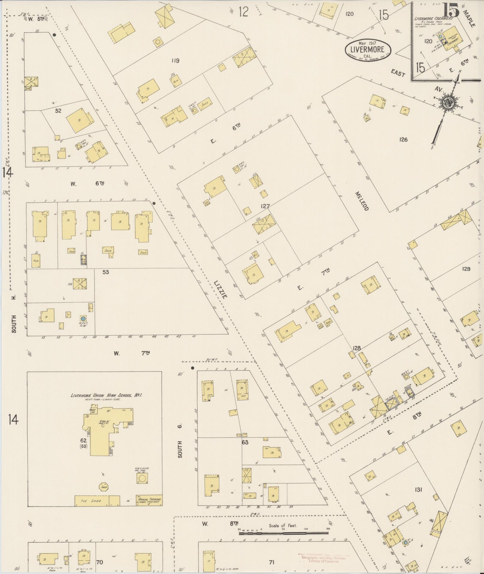 Sanborn Fire Insurance Map from Livermore, Alameda County, California (1917), Sheet #0015 - Complete Map Set gallery image, historic Sanborn map, vintage wall art, California California