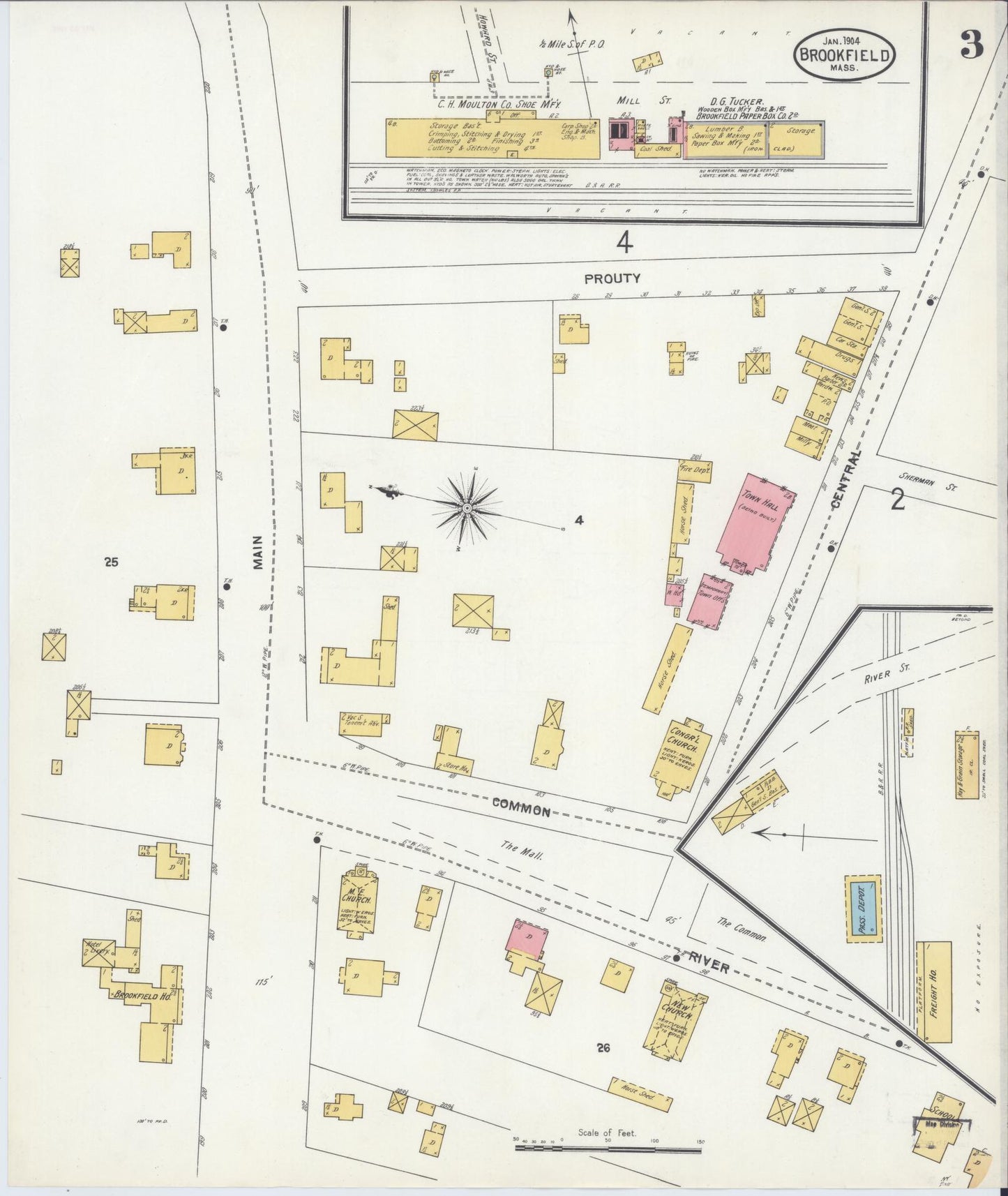Sanborn Fire Insurance Map from Brookfield, Worcester County, Massachusetts (1904), Sheet #0003 - Historic Sanborn Fire Insurance Map Print, vintage old map wall art, antique decor, genealogy gift, Massachusetts Massachusetts map
