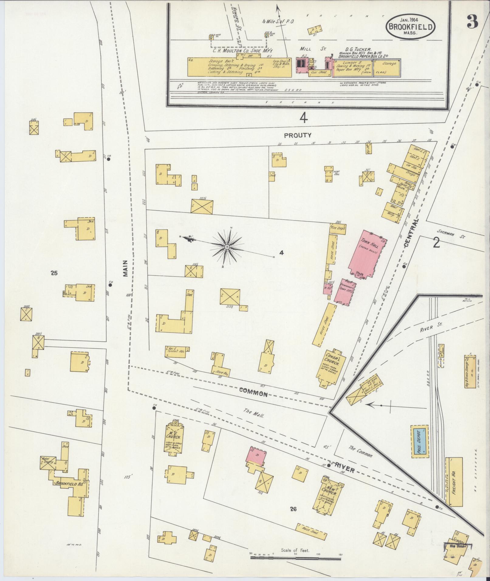 Sanborn Fire Insurance Map from Brookfield, Worcester County, Massachusetts (1904), Sheet #0003 - Historic Sanborn Fire Insurance Map Print, vintage old map wall art, antique decor, genealogy gift, Massachusetts Massachusetts map