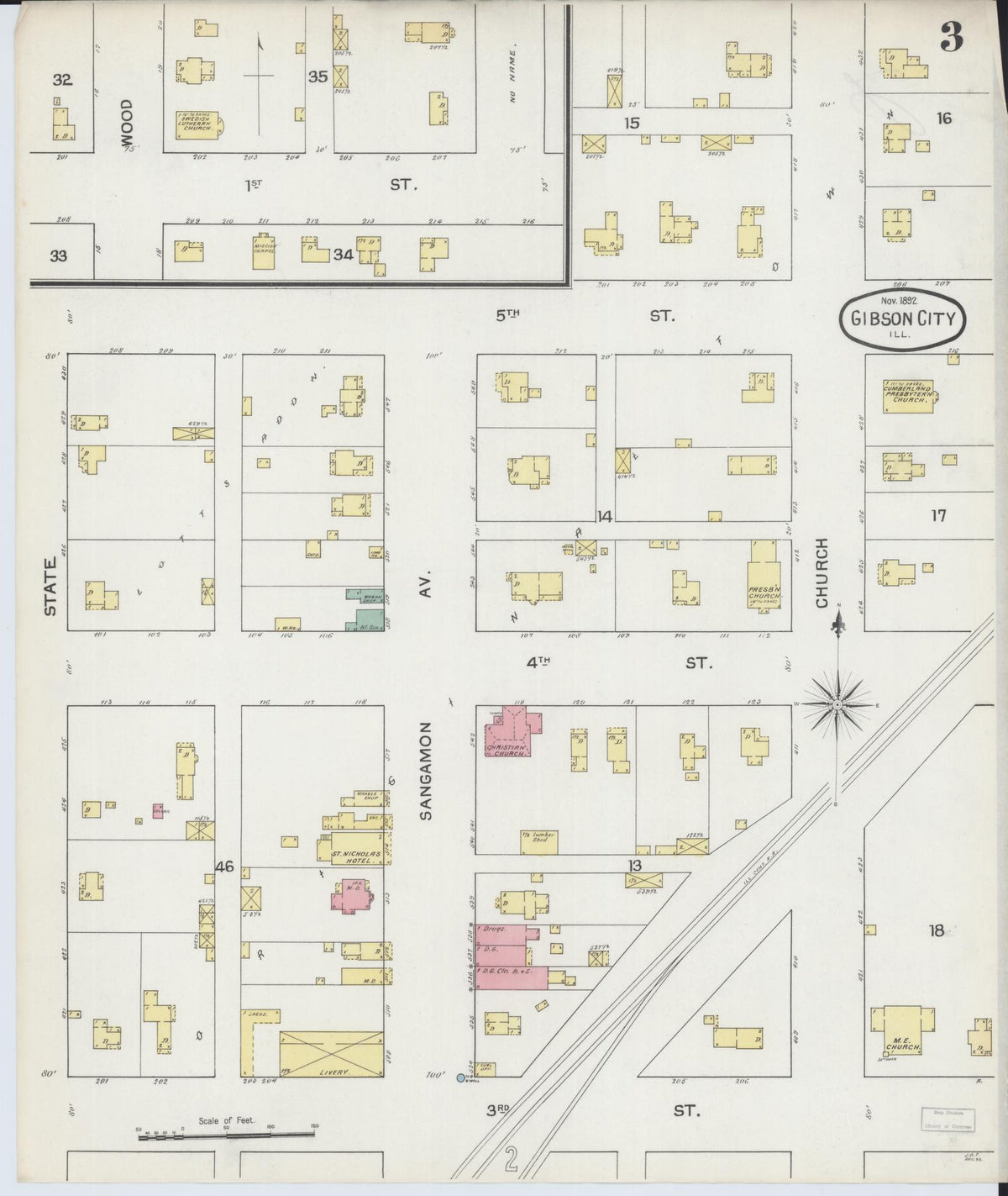 Sanborn Fire Insurance Map from Gibson City, Ford County, Illinois (1892), Sheet #0003 - Historic Sanborn Fire Insurance Map Print, vintage old map wall art, antique decor, genealogy gift, Illinois Illinois map