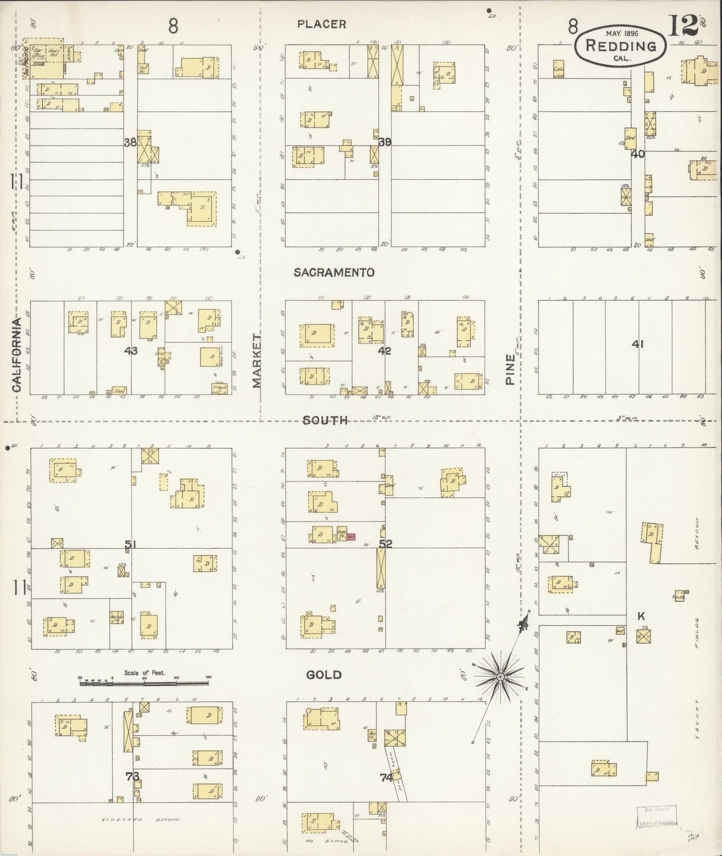 Sanborn Fire Insurance Map from Redding, Shasta County, California (1896), Sheet #0012 - Complete Map Set gallery image, historic Sanborn map, vintage wall art, California California